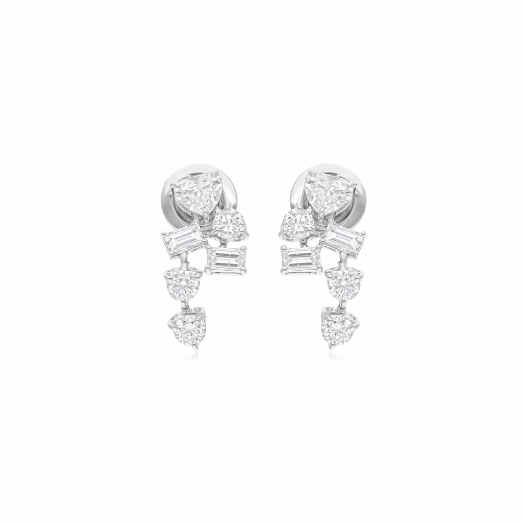 Heart Round & Baguette Cut Natural Diamond Cluster Drop Earrings in 18k Gold