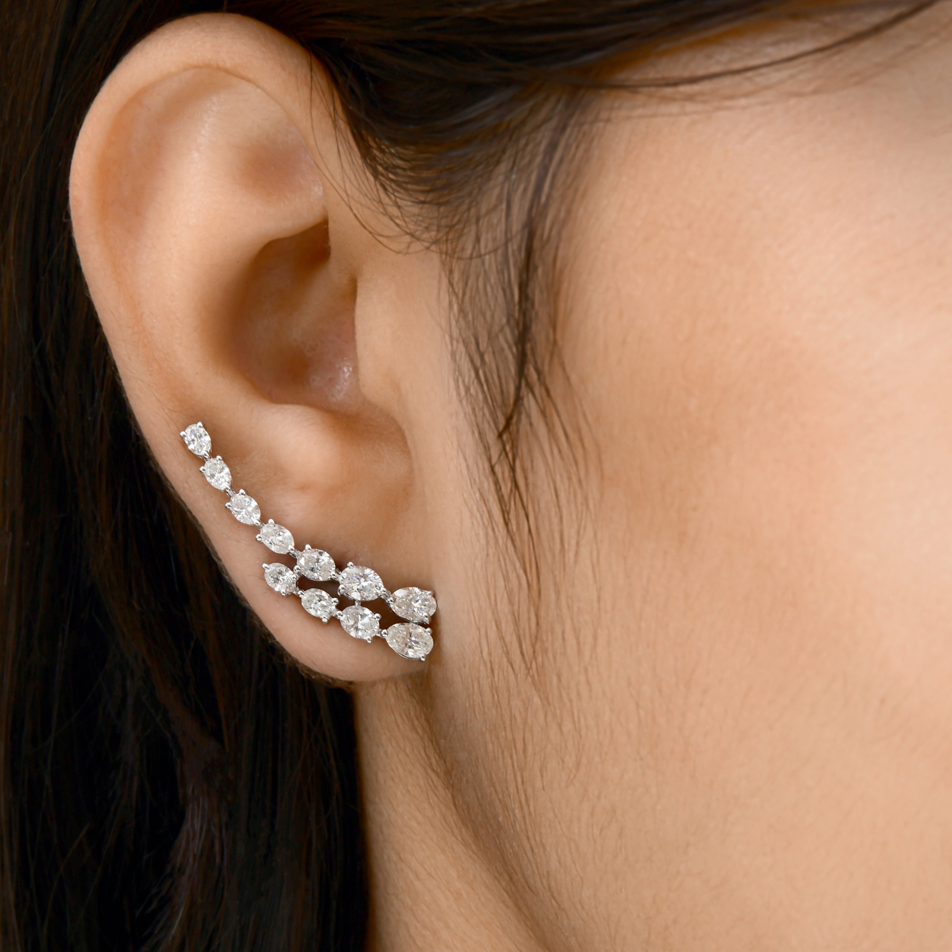 Natural SI/H Oval Cut Diamond Climber Solid Gold Earrings Jewelry
