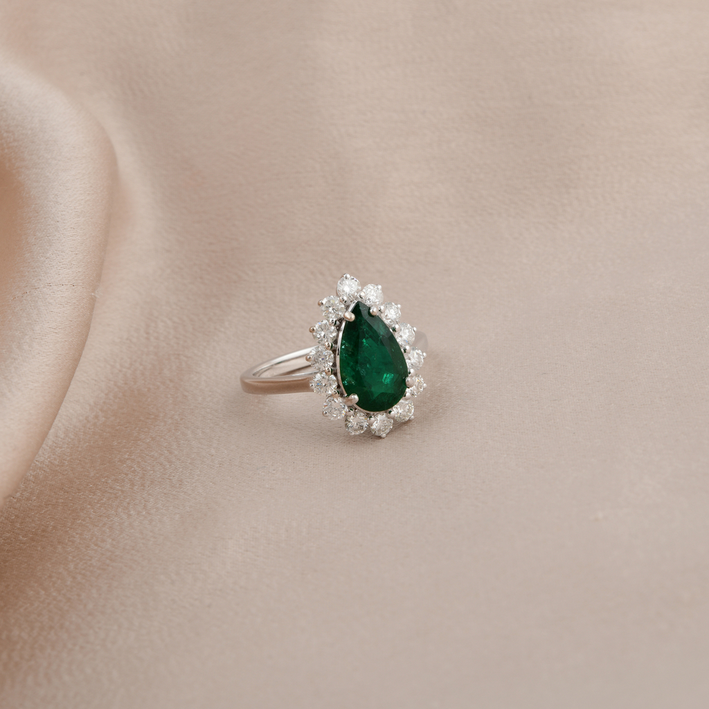 2.92 Tcw Natural H/SI Diamond Pear Zambian Emerald Gold Wedding Halo Ring