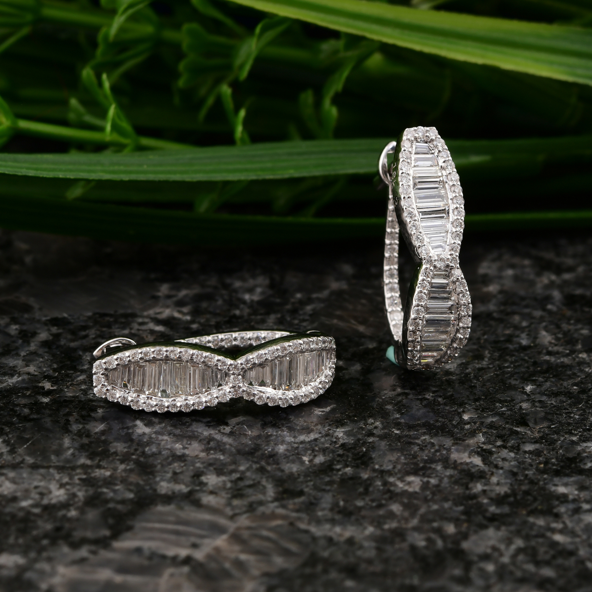 Baguette & Round Gold Diamond Infinity Stud Hoop Earrings