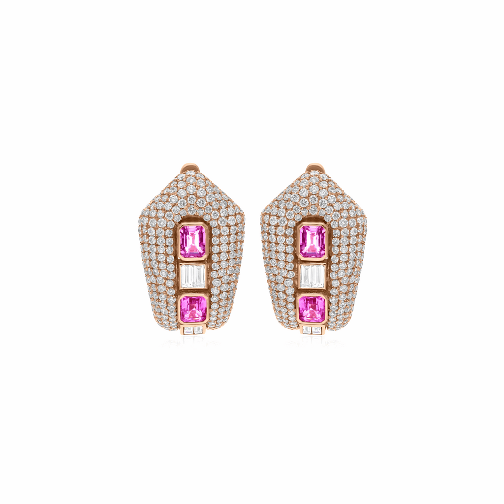 18K Fine Gold 6.41 Tcw Pink Sapphire & Pave Diamond Hoop Earrings