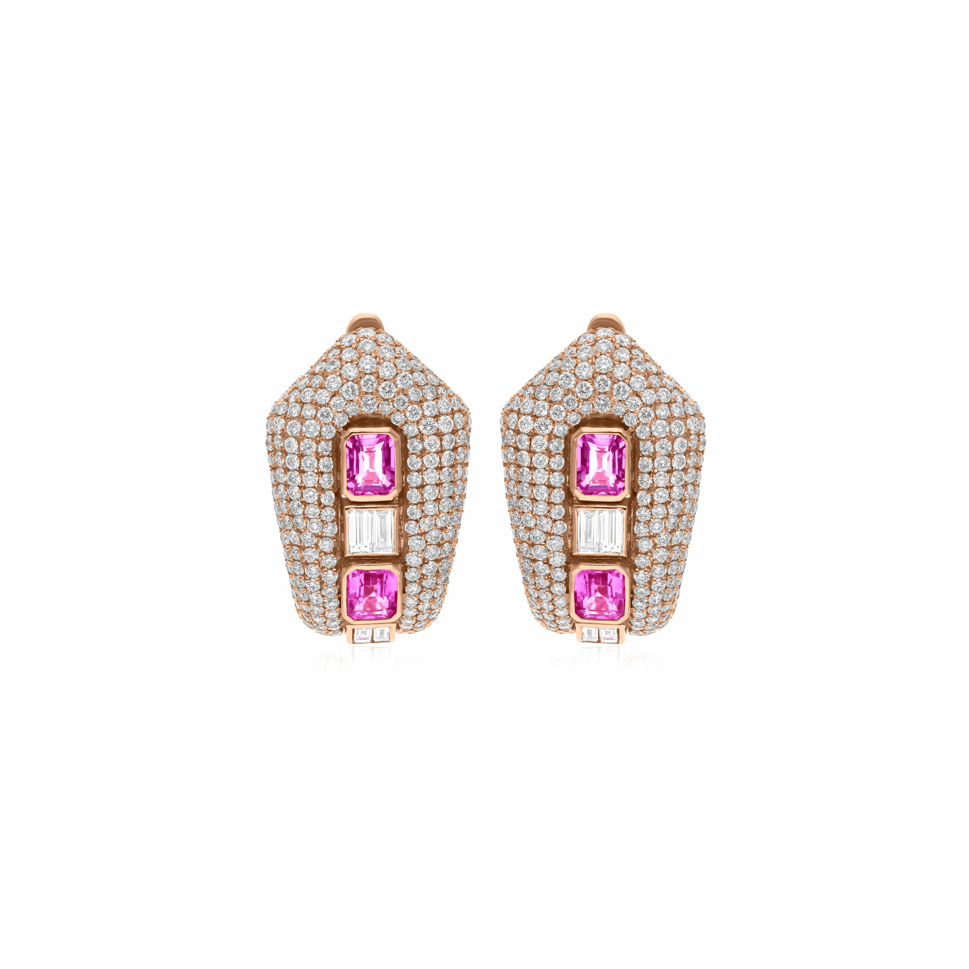 18K Fine Gold 6.41 Tcw Pink Sapphire & Pave Diamond Hoop Earrings