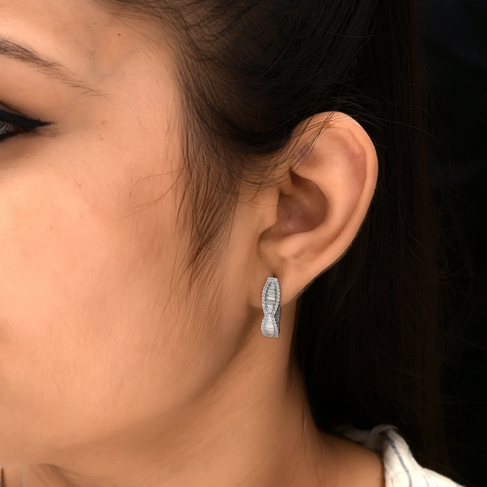 Baguette & Round Gold Diamond Infinity Stud Hoop Earrings