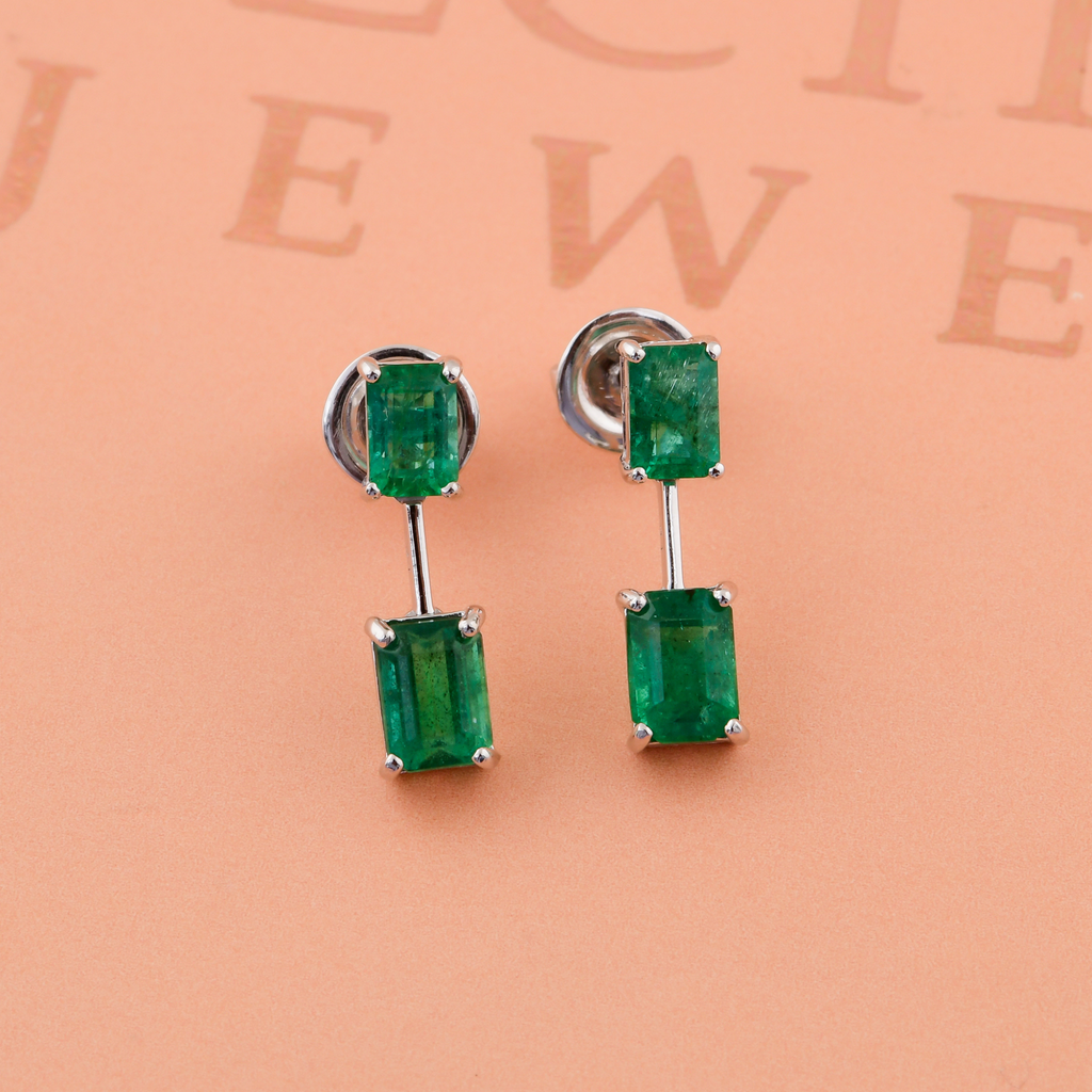 3.00 Carat Natural Zambian Emerald Gemstone Duo Drop Gold Earrings