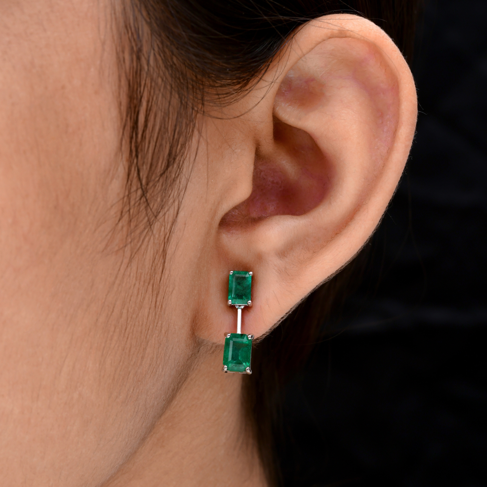 3.00 Carat Natural Zambian Emerald Gemstone Duo Drop Gold Earrings
