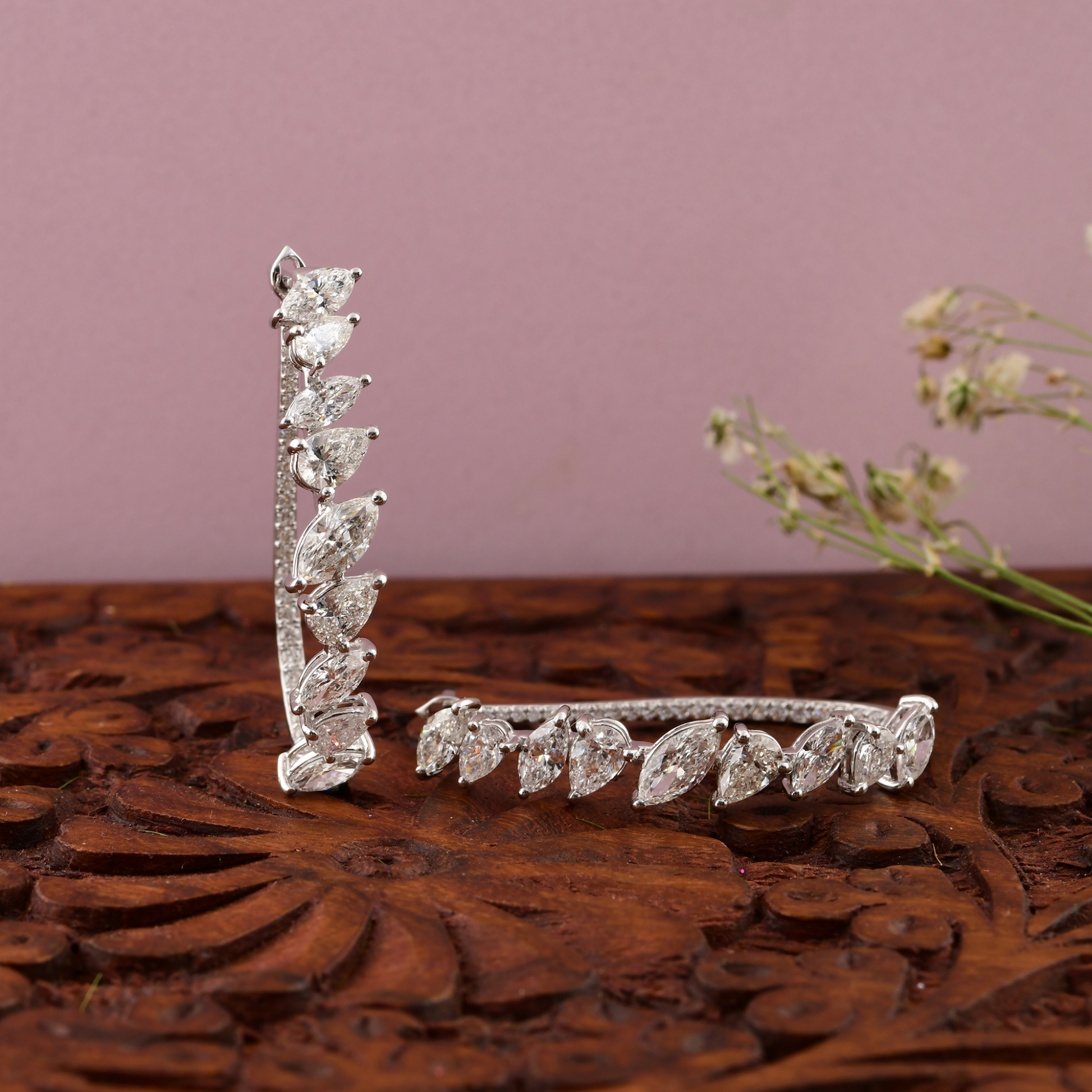 4.37 Carat Natural SI/H Marquise & Round Diamond Gold Climber Earrings