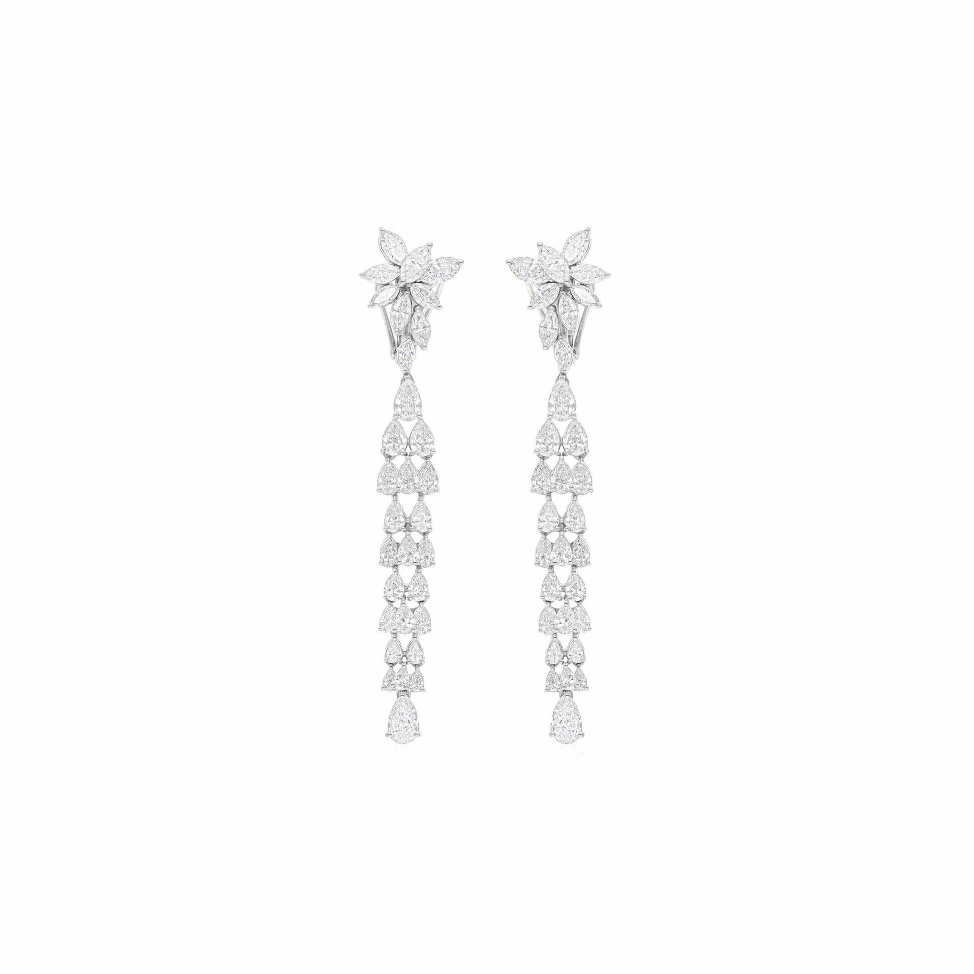 Floral Design 18k Gold Pear Marquise Diamond Long Dangle Earrings 6.02 Ct.
