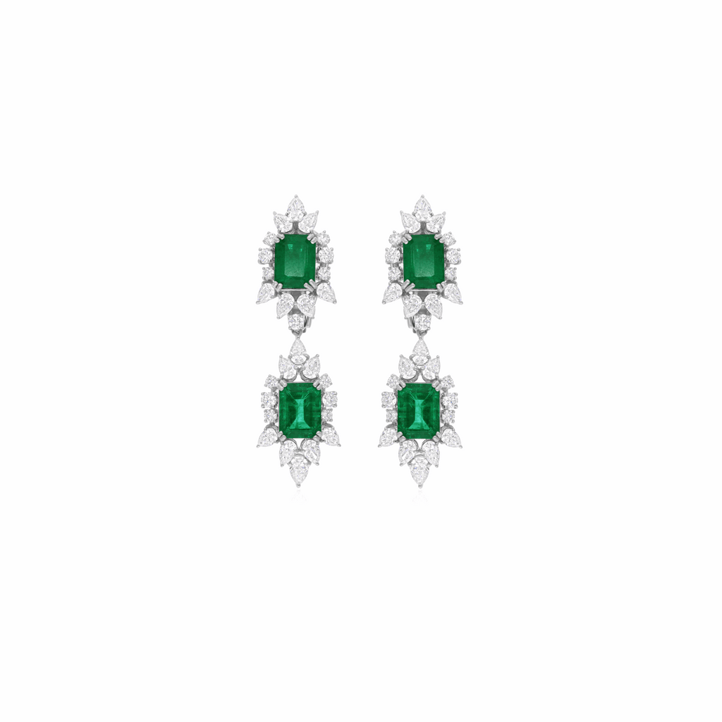 9.30 Tcw Zambian Emerald Natural H/SI Diamond 18k Gold Dangle Earrings