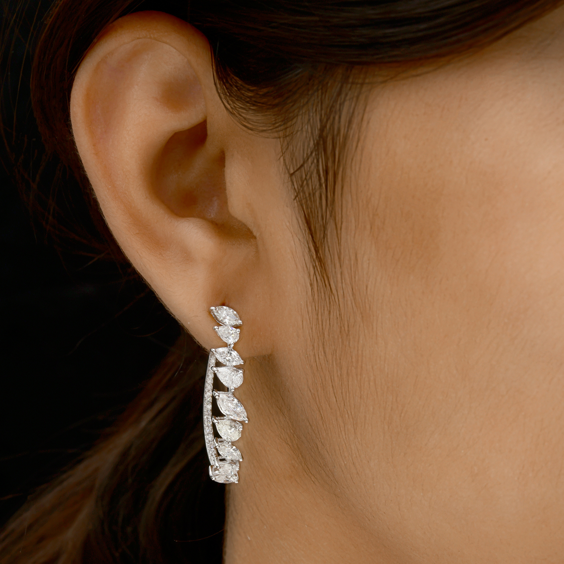 4.37 Carat Natural SI/H Marquise & Round Diamond Gold Climber Earrings