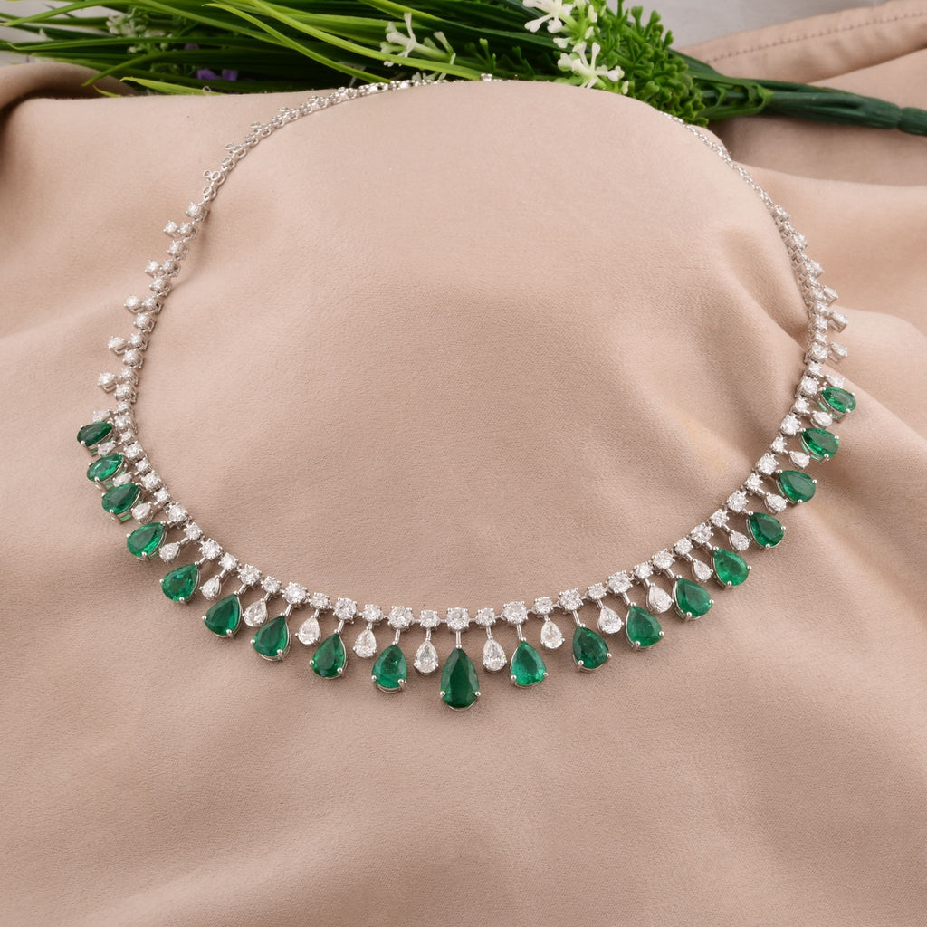 Sparkling Emerald Pear Drop Natural Diamond Gold Wedding Necklace