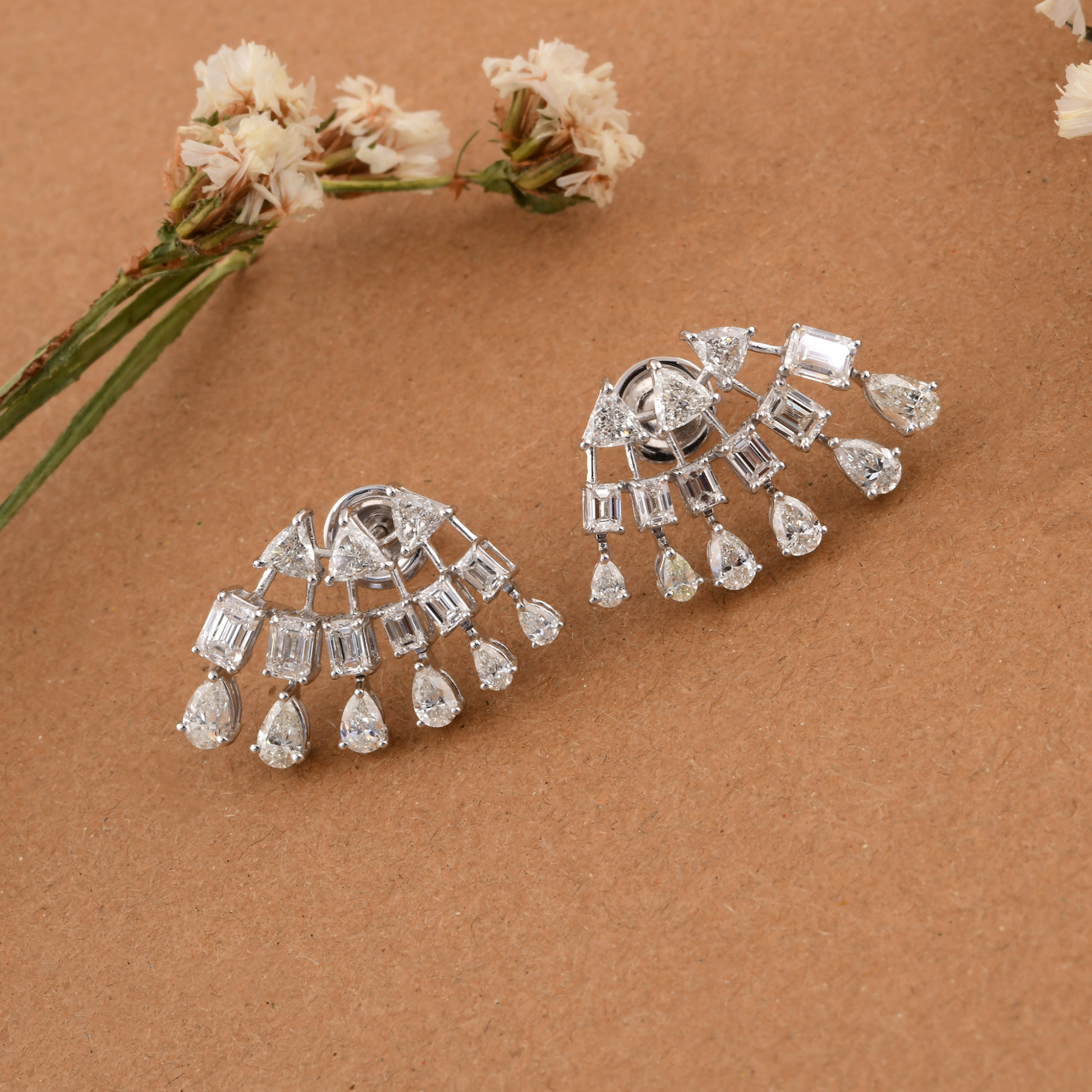 H/SI Octagon Diamond Stud Cluster Earrings Fine Gold Jewelry 4.34 Carat