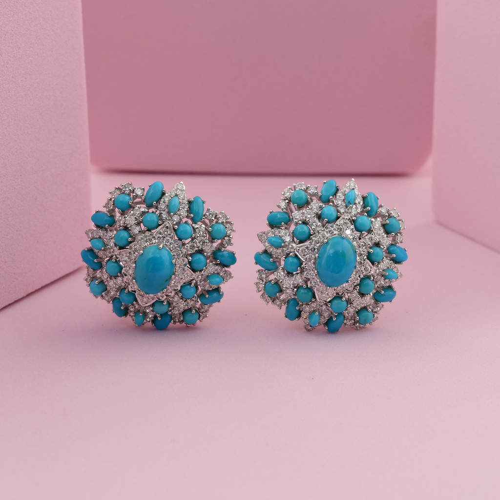 7.93 Tcw Natural SI/H Diamond Cluster Turquoise Gemstone Fine Gold Stud Earrings