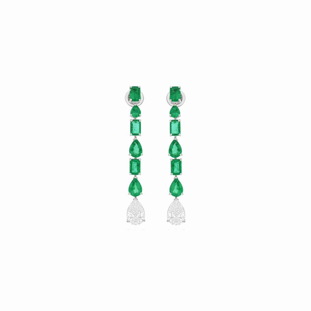 18k Gold Dangle Earrings with Natural Emeralds & Pear Cut Diamonds 9.35 Tcw