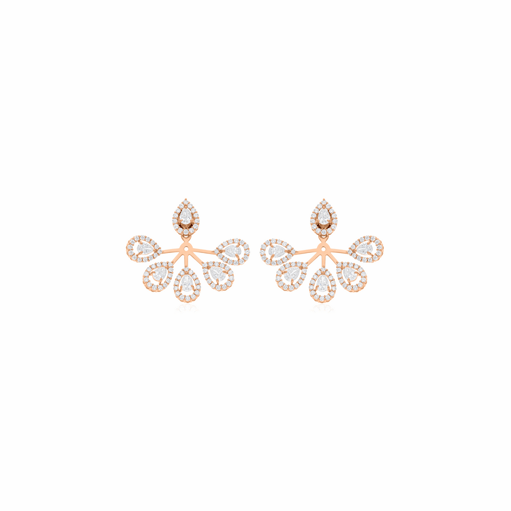 Floral Design Pear Round 5.10 Ct Natural Diamond Jacket Cluster Earrings in 18K Gold