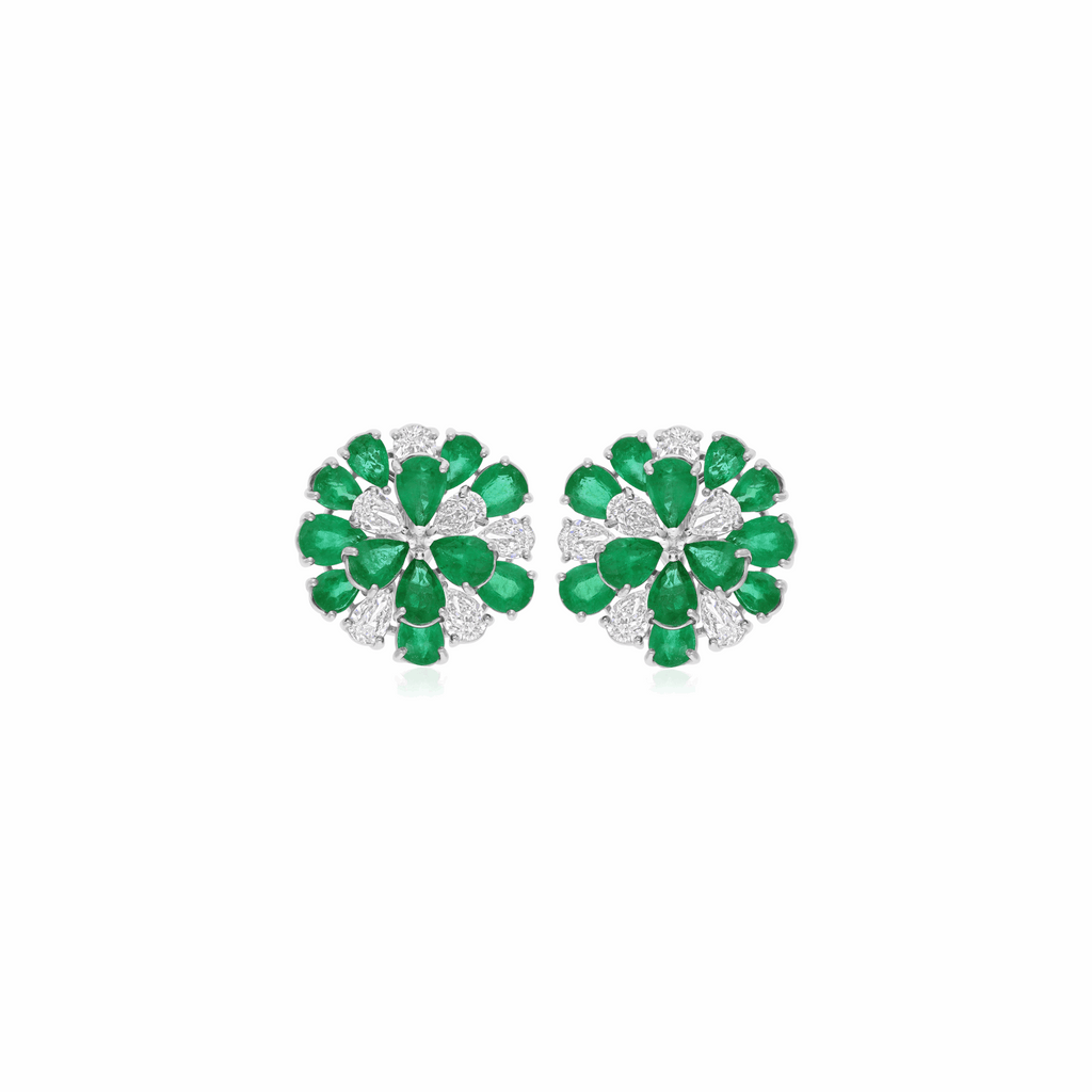 17.54 Tcw Natural H/SI Diamond Pear Zambian Emerald Stud Earrings 18K Gold