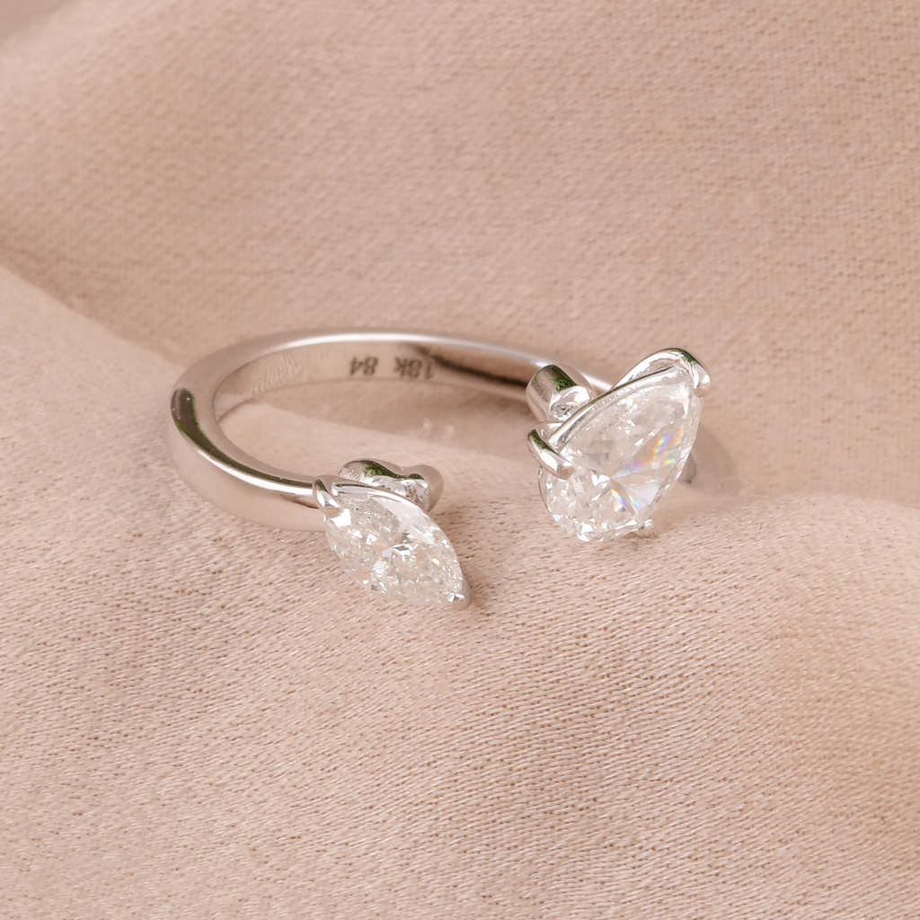 Gold Two Stone Pear Marquise Cut Diamond Cuff Open Ring
