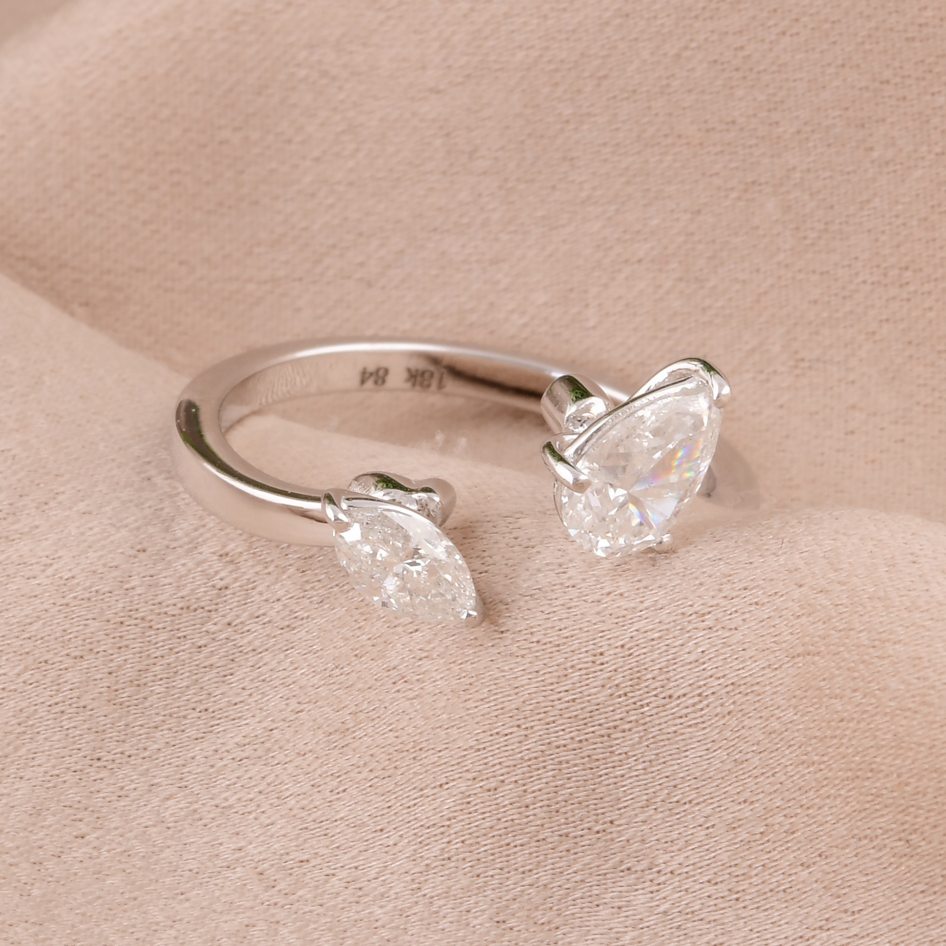 Gold Two Stone Pear Marquise Cut Diamond Cuff Open Ring