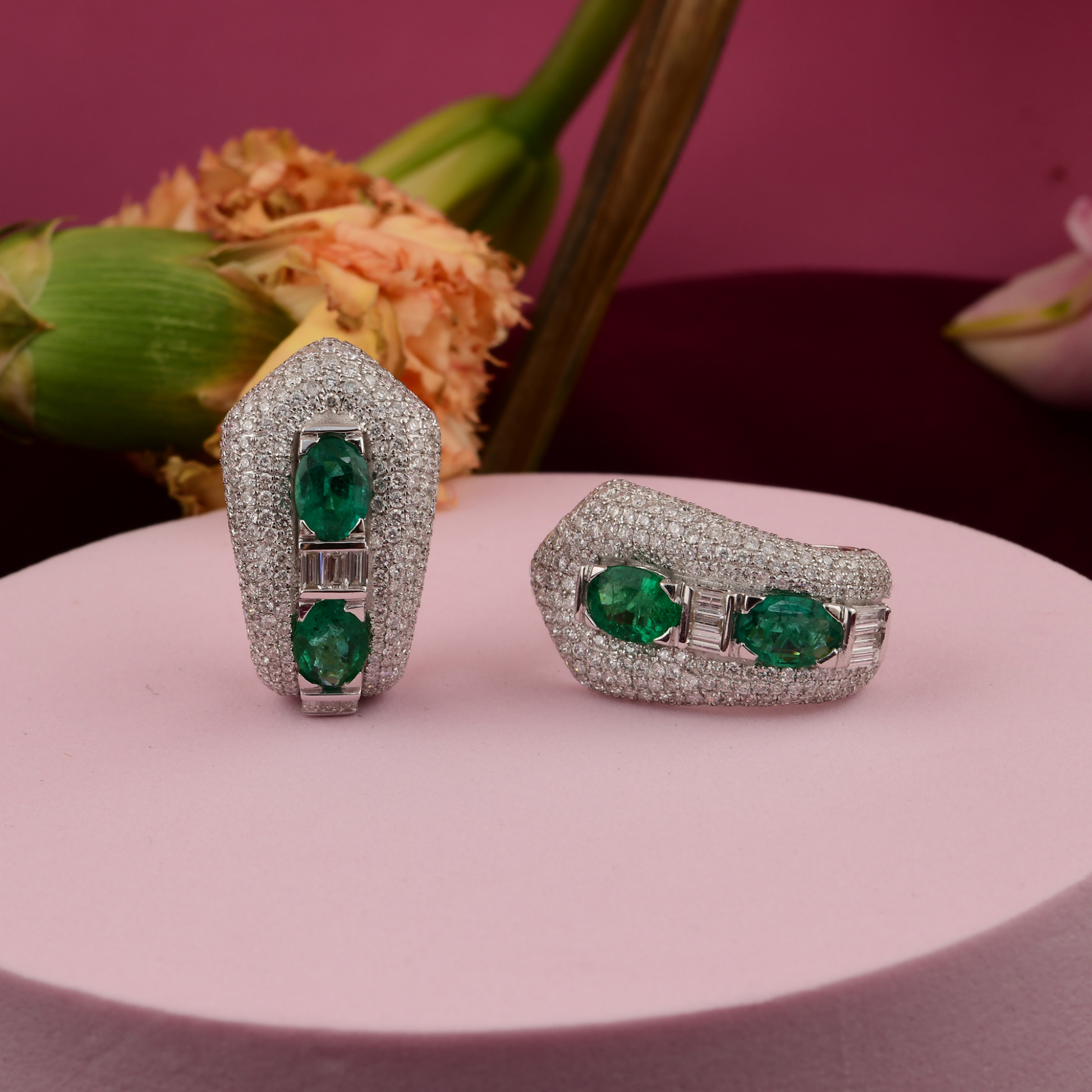 3.14 Ct. Natural Emerald & Diamond Geometric Clip-On Earrings