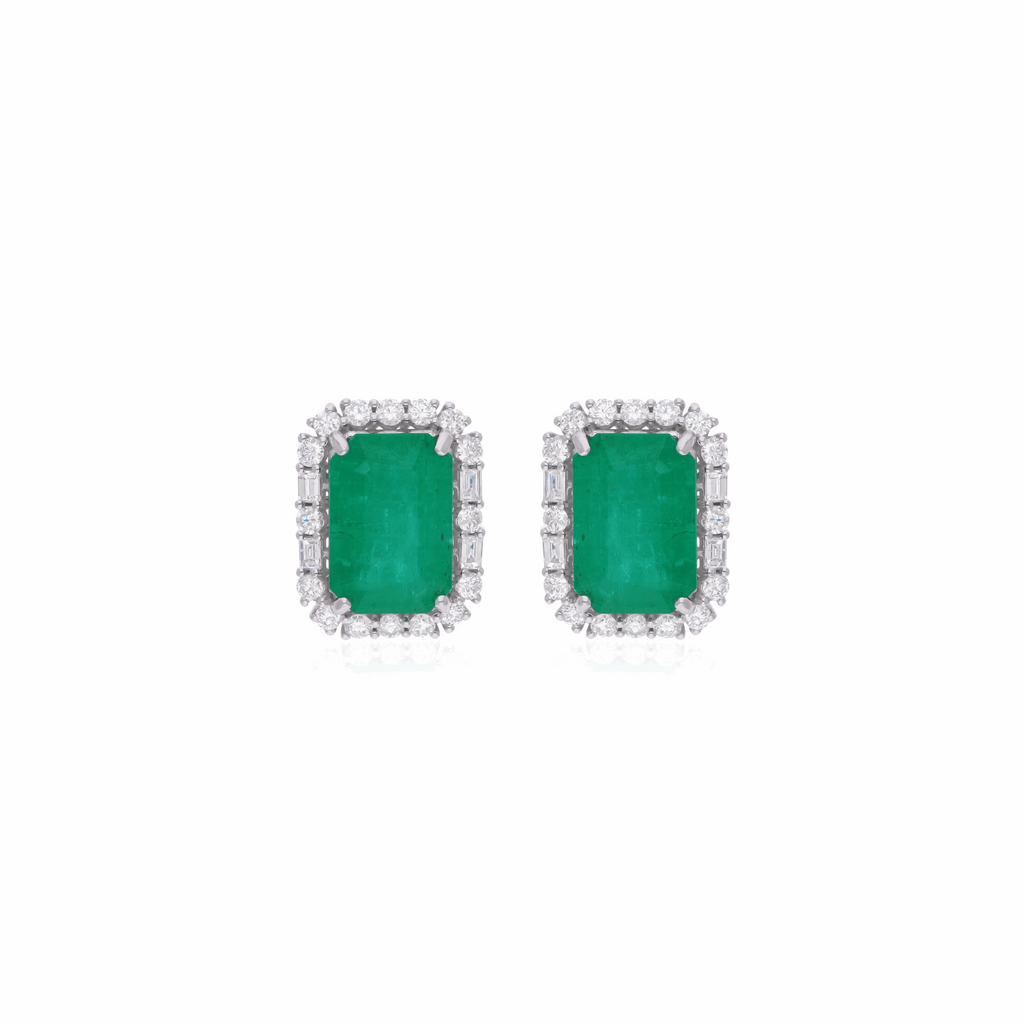 Natural Emerald Gemstone Studs in 18K Fine Gold Diamond Handmade Earrings