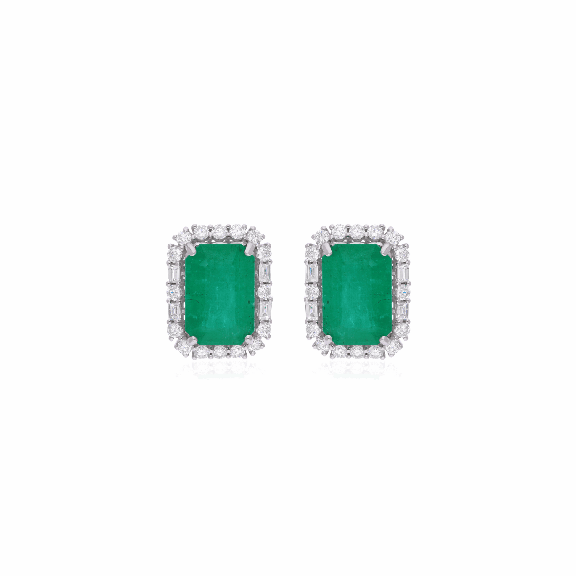 Natural Emerald Gemstone Studs in 18K Fine Gold Diamond Handmade Earrings