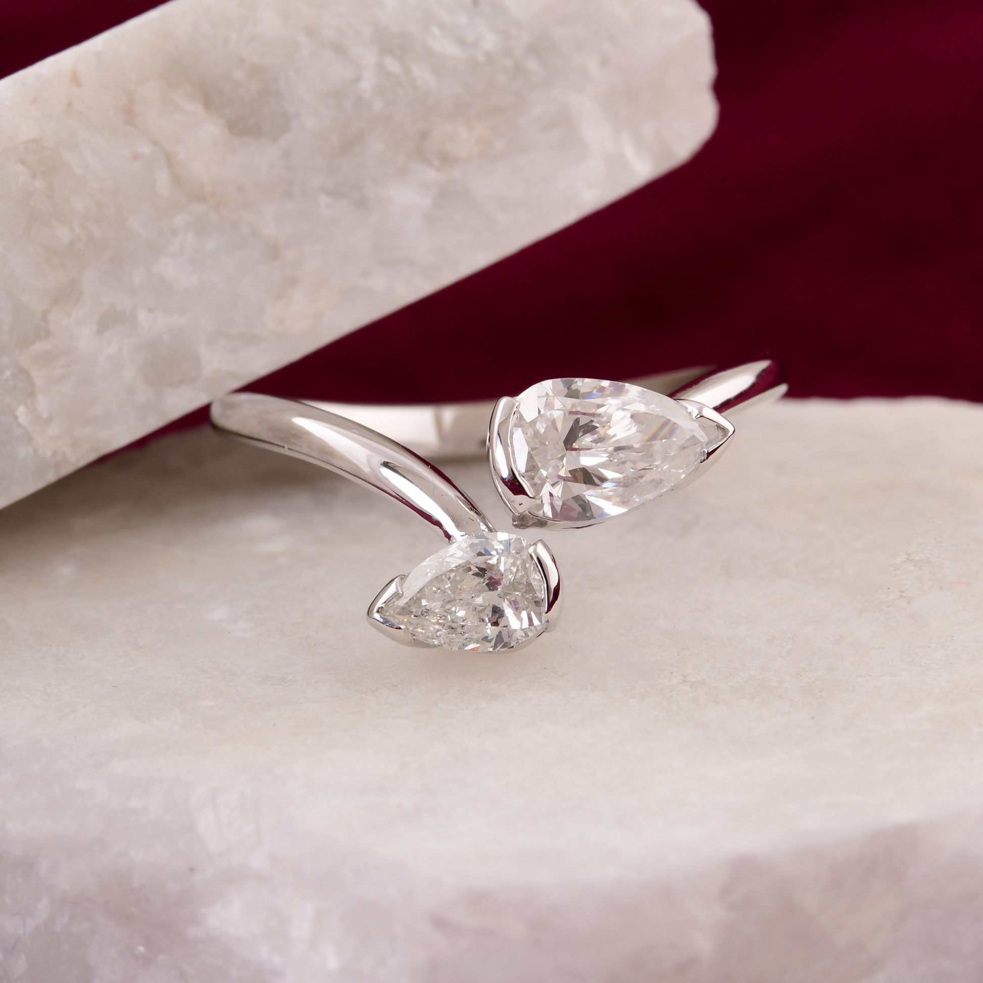 Pear Cut Two Stone Natural SI/H Diamond Cuff Ring in Solid Gold Jewelry