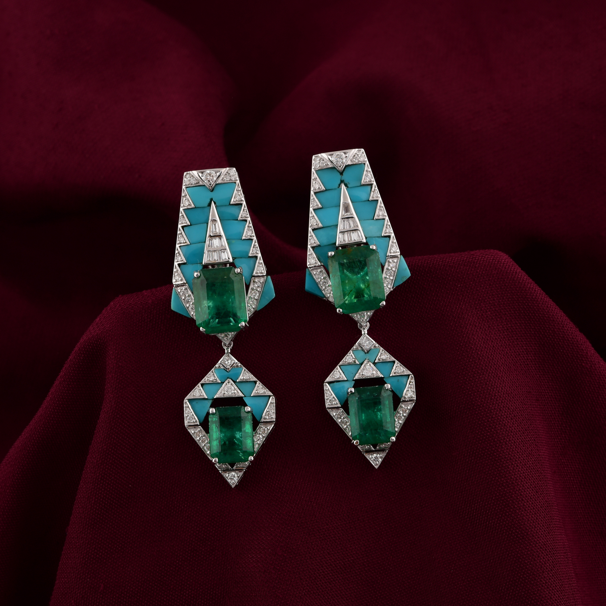 Art Deco Natural Diamond Emerald & Turquoise Dangle Drop Gold Earrings