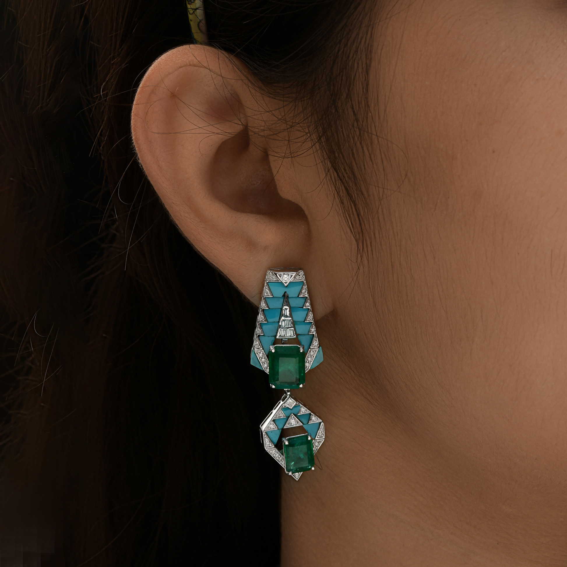 Art Deco Natural Diamond Emerald & Turquoise Dangle Drop Gold Earrings