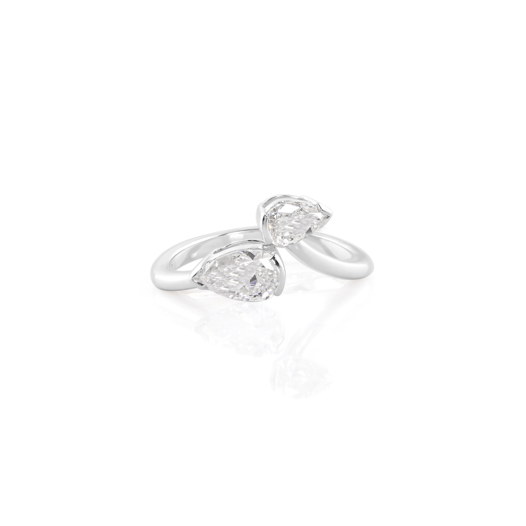 Pear Cut Two Stone Natural SI/H Diamond Cuff Ring in Solid Gold Jewelry