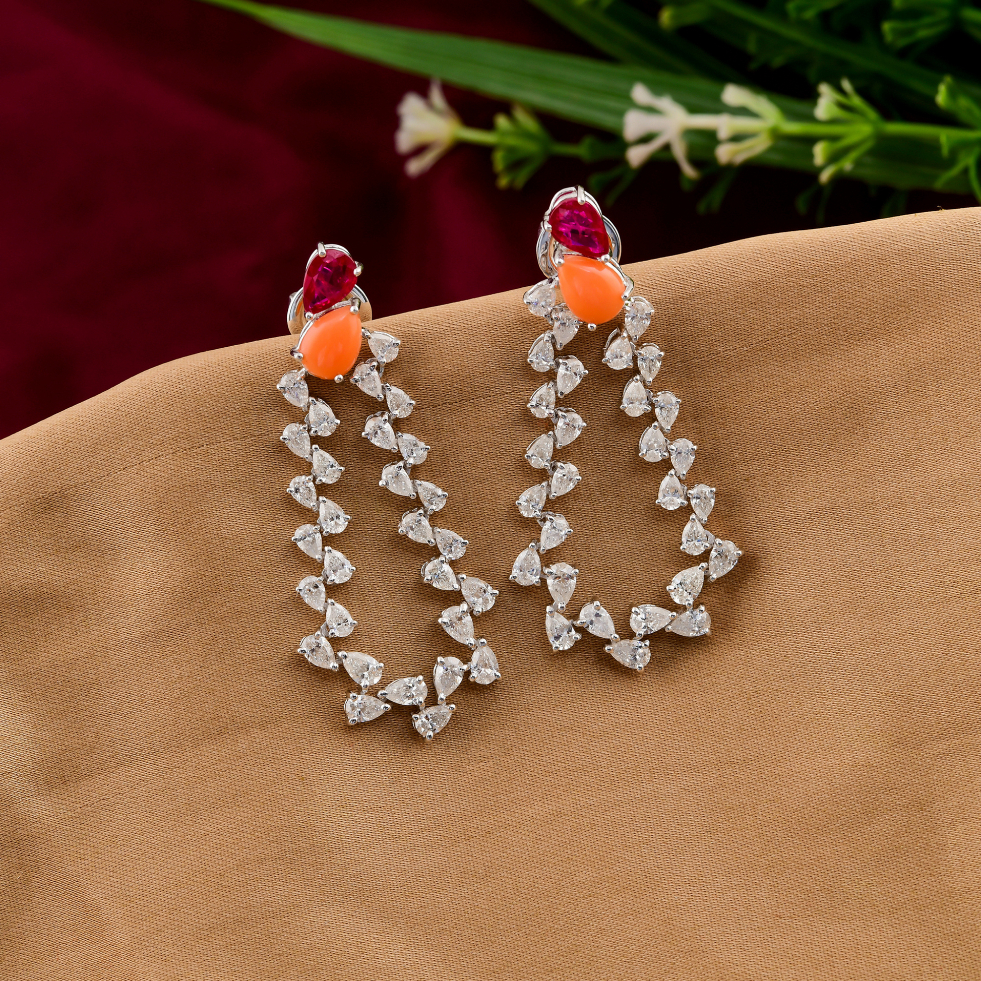 5.78 Tcw Natural SI Clarity HI Color Diamond Ruby Coral Gemstone Dangle Earrings