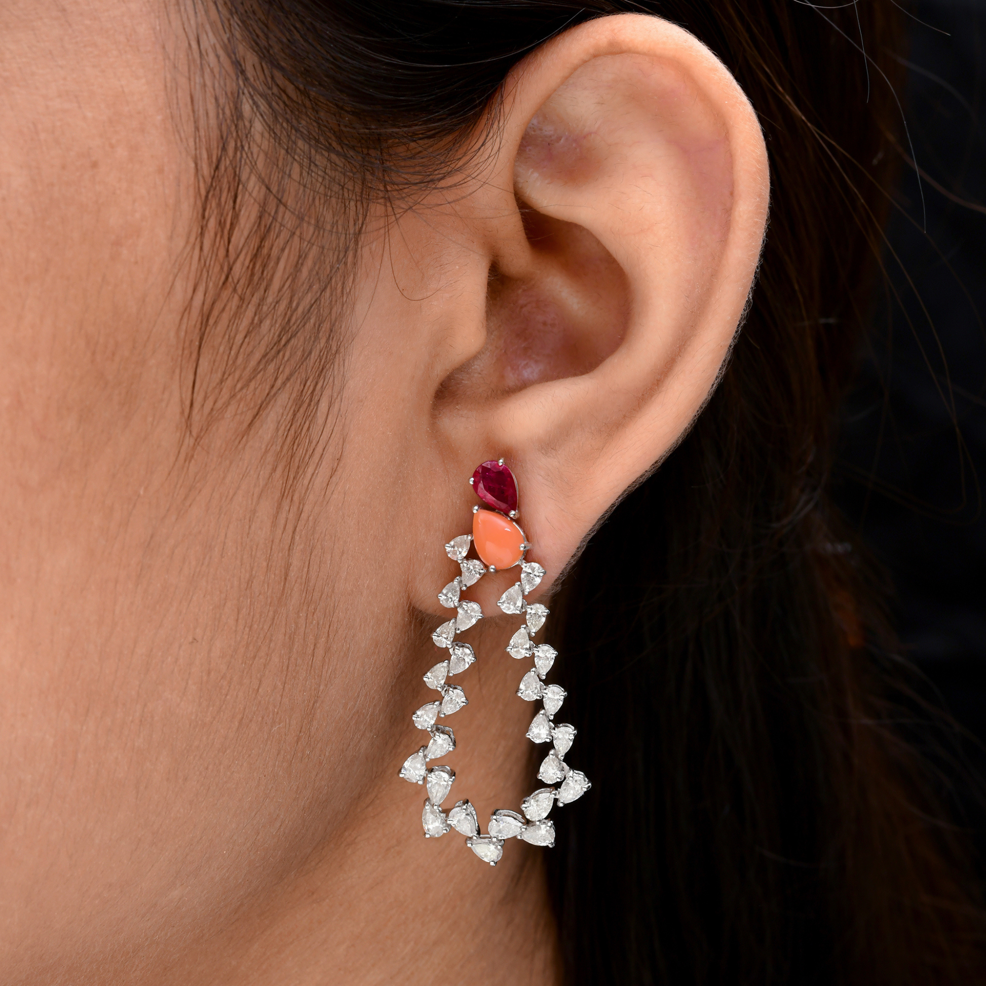 5.78 Tcw Natural SI Clarity HI Color Diamond Ruby Coral Gemstone Dangle Earrings