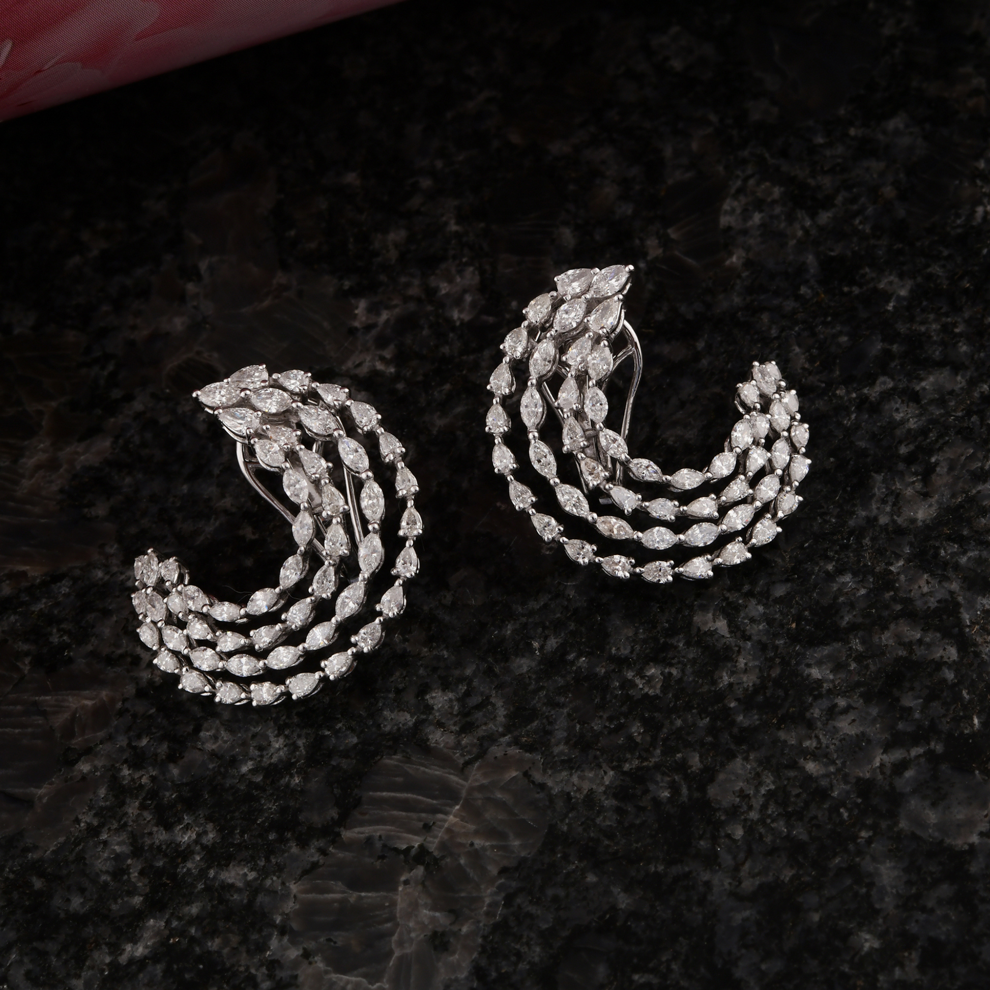 2.75 Carat Marquise Cut Diamond Curved Leaf Stud Earrings in Fine Gold