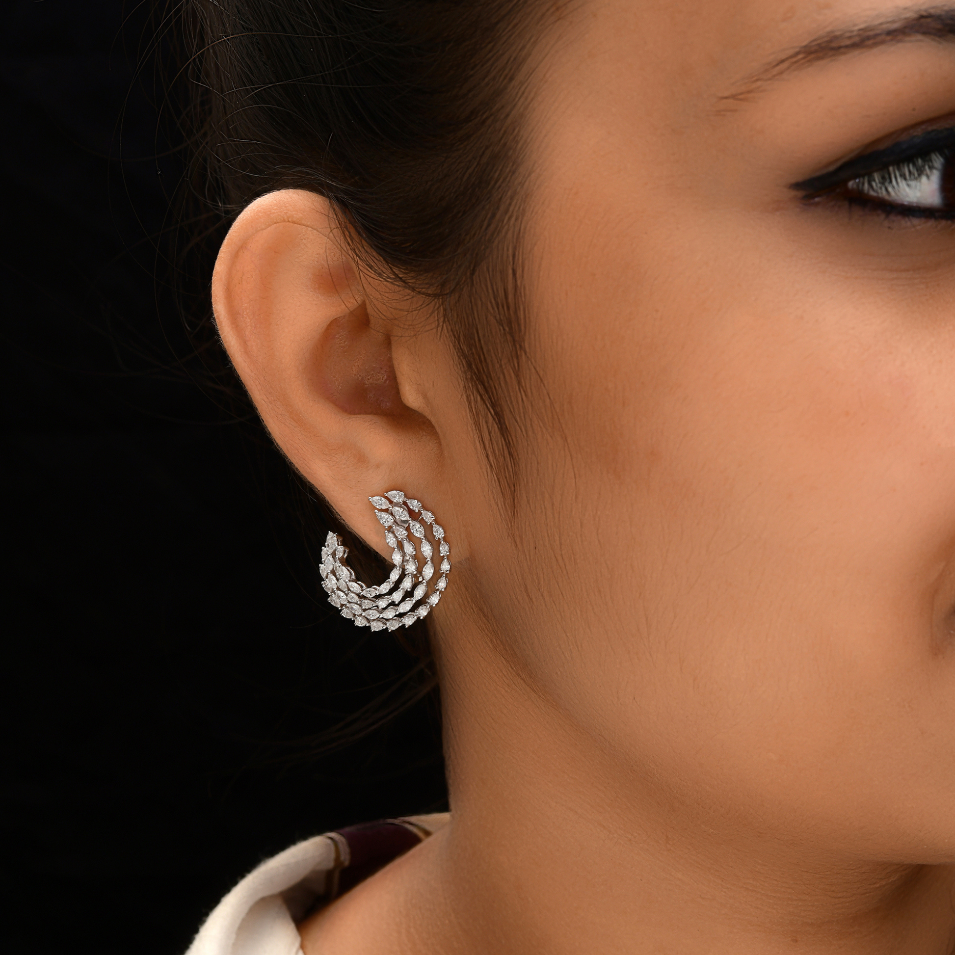 2.75 Carat Marquise Cut Diamond Curved Leaf Stud Earrings in Fine Gold