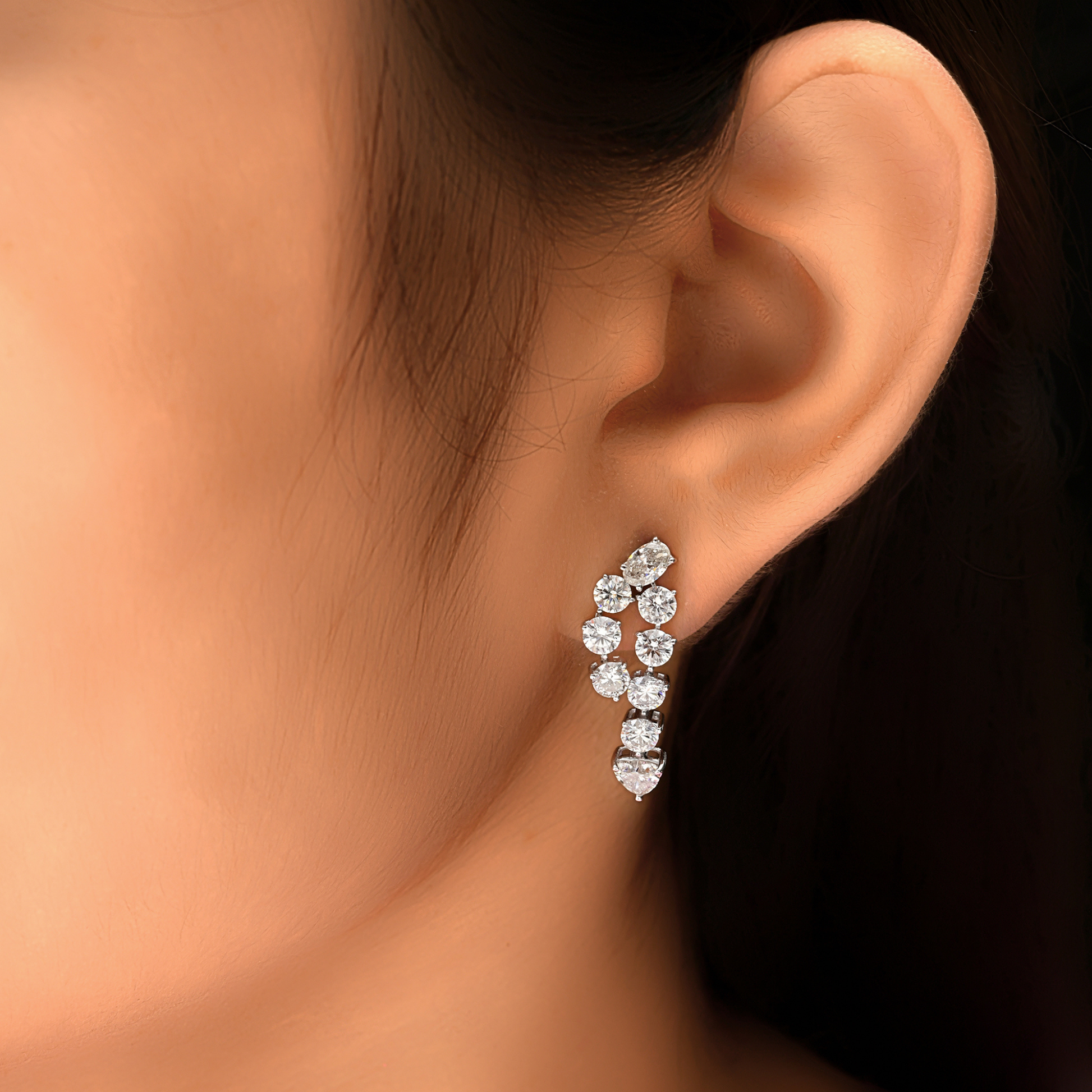 Real SI/H Oval Heart Round Cut Natural Diamond Gold Drop Earrings