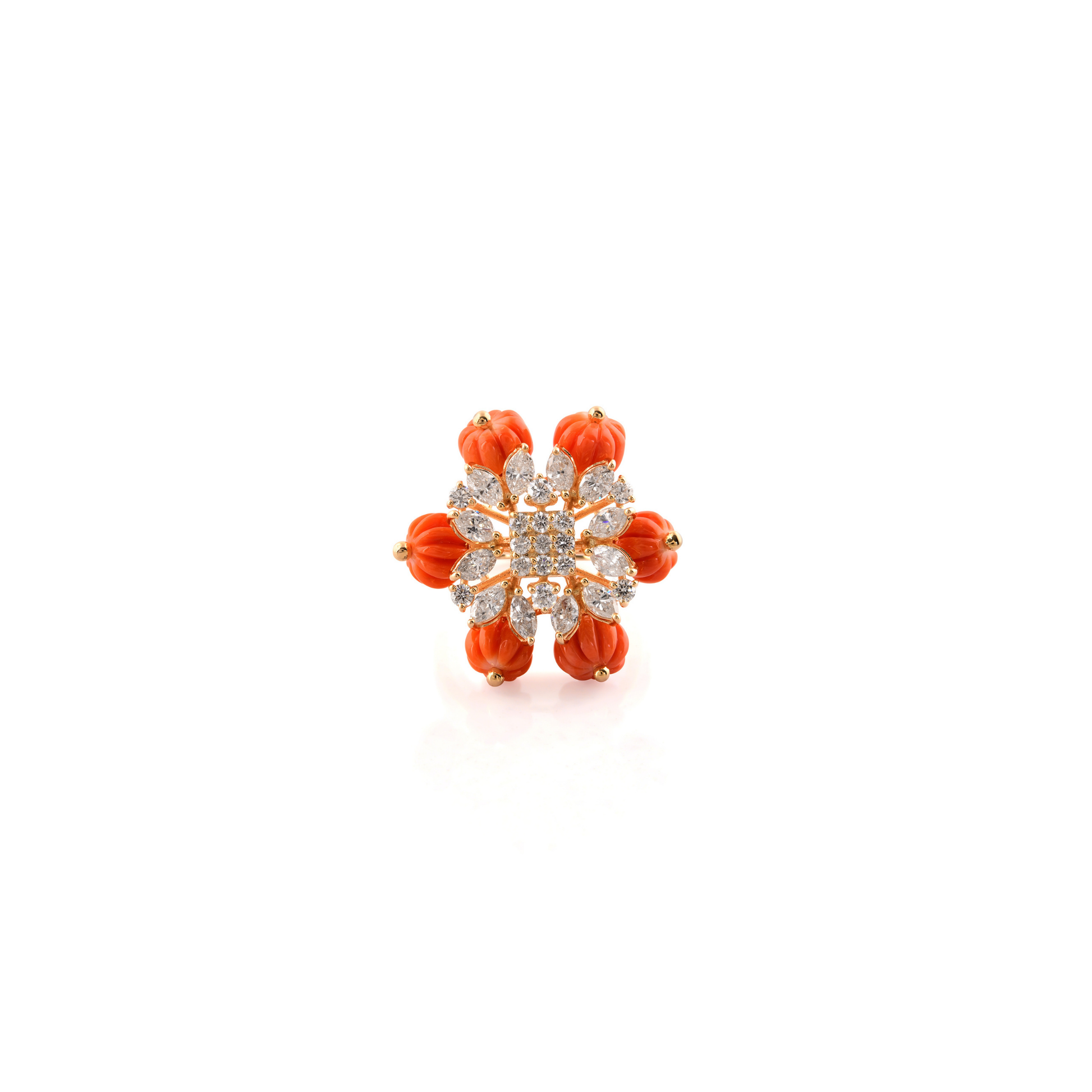 Cocktail Floral Ring With Natural Diamond & Coral Beads in Fine Gold