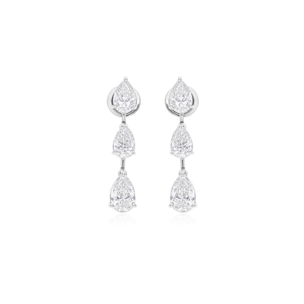 Three Pear Cut 4.06 Carat Natural Diamond Teardrop Earrings