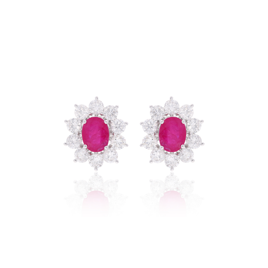 4.52Ct Natural Gold Oval Cut Ruby Gemstone Halo Diamond Stud Earrings