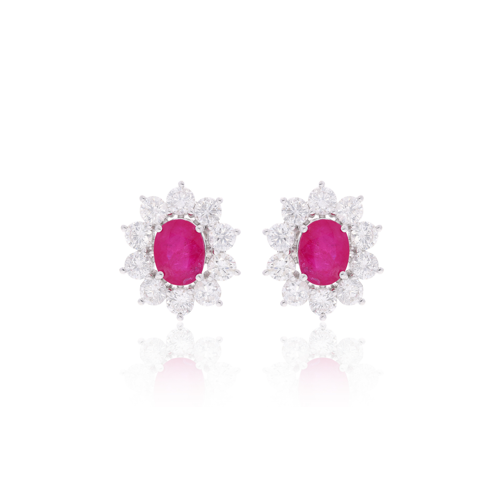 4.52Ct Natural Gold Oval Cut Ruby Gemstone Halo Diamond Stud Earrings
