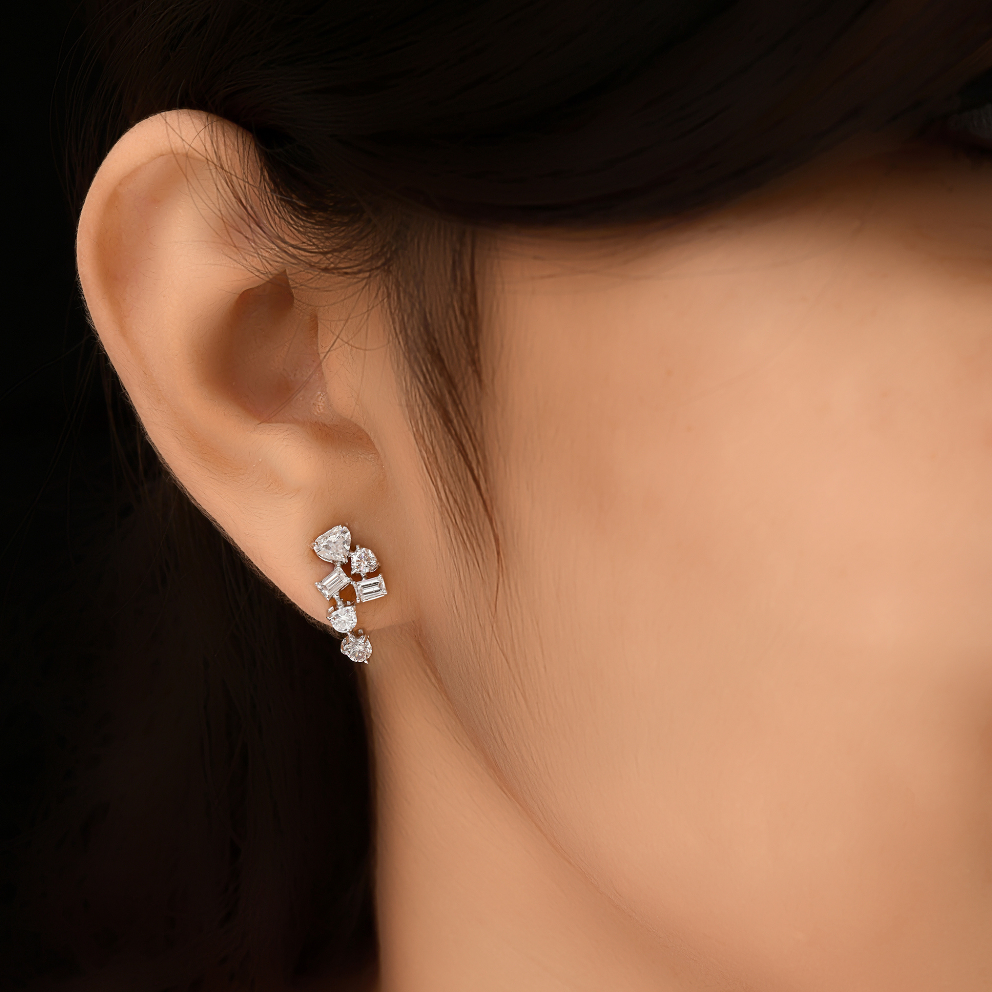 Minimalist Mixed Cut Natural Diamond Drop Stud Earrings