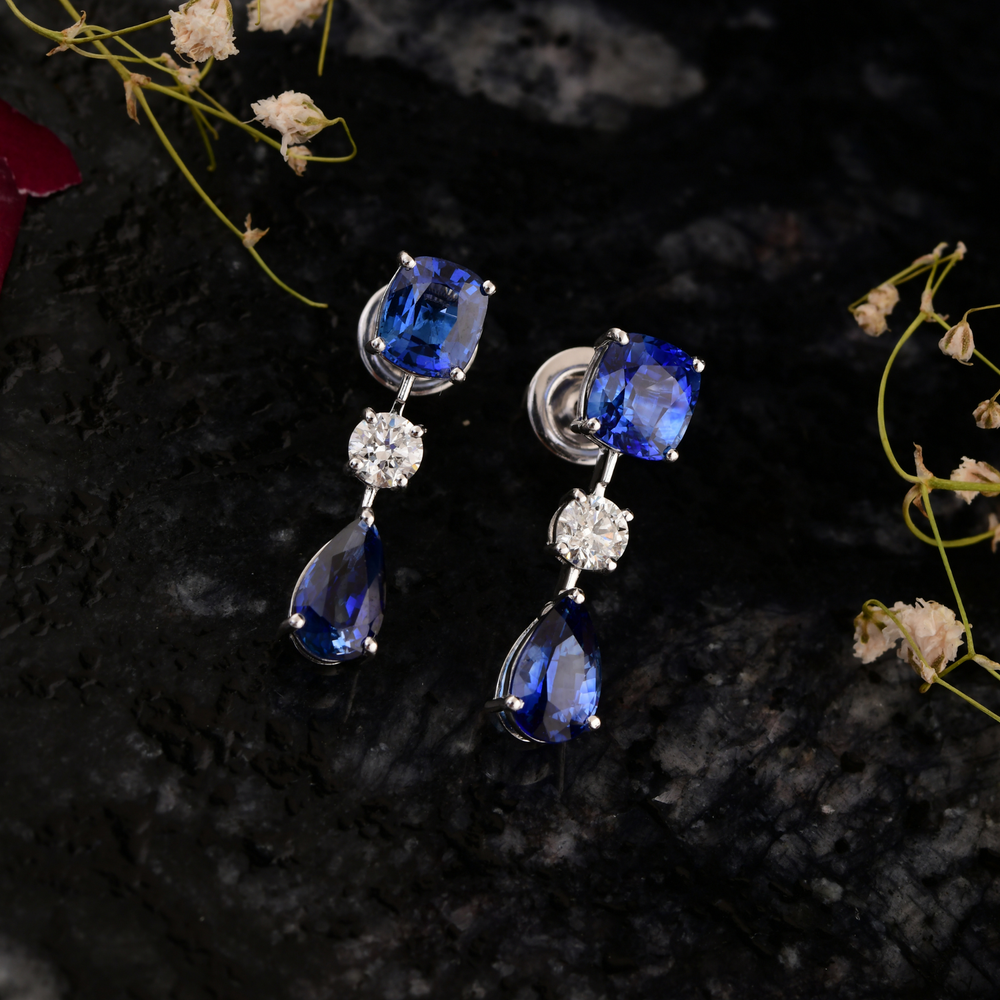 Classic Blue Sapphire Diamond Dangle Earrings in Fine Gold showcasing handcrafted sapphire and diamond brilliance
