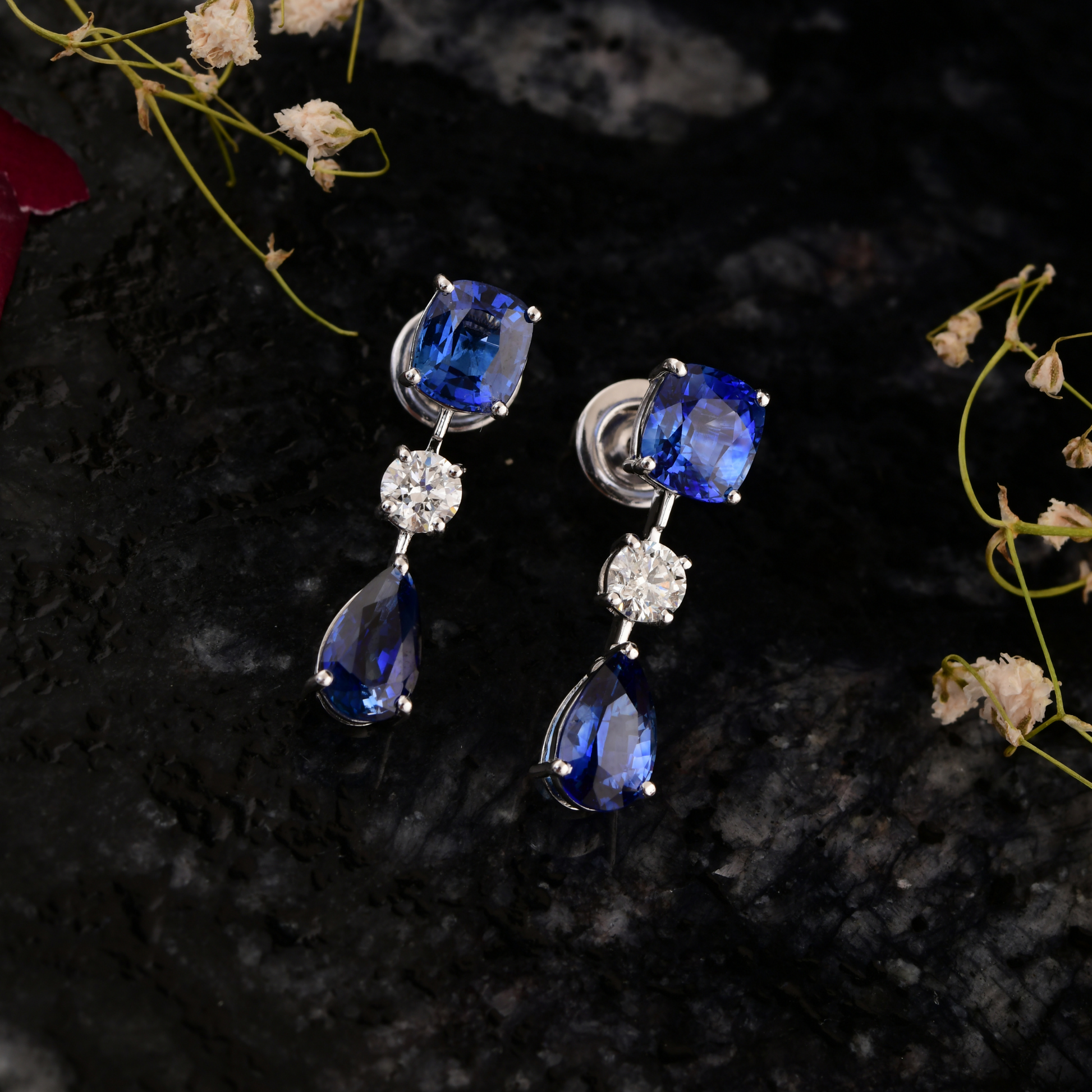 6.32 Tcw Blue Sapphire and Round Cut Natural Diamond Dangle Earrings