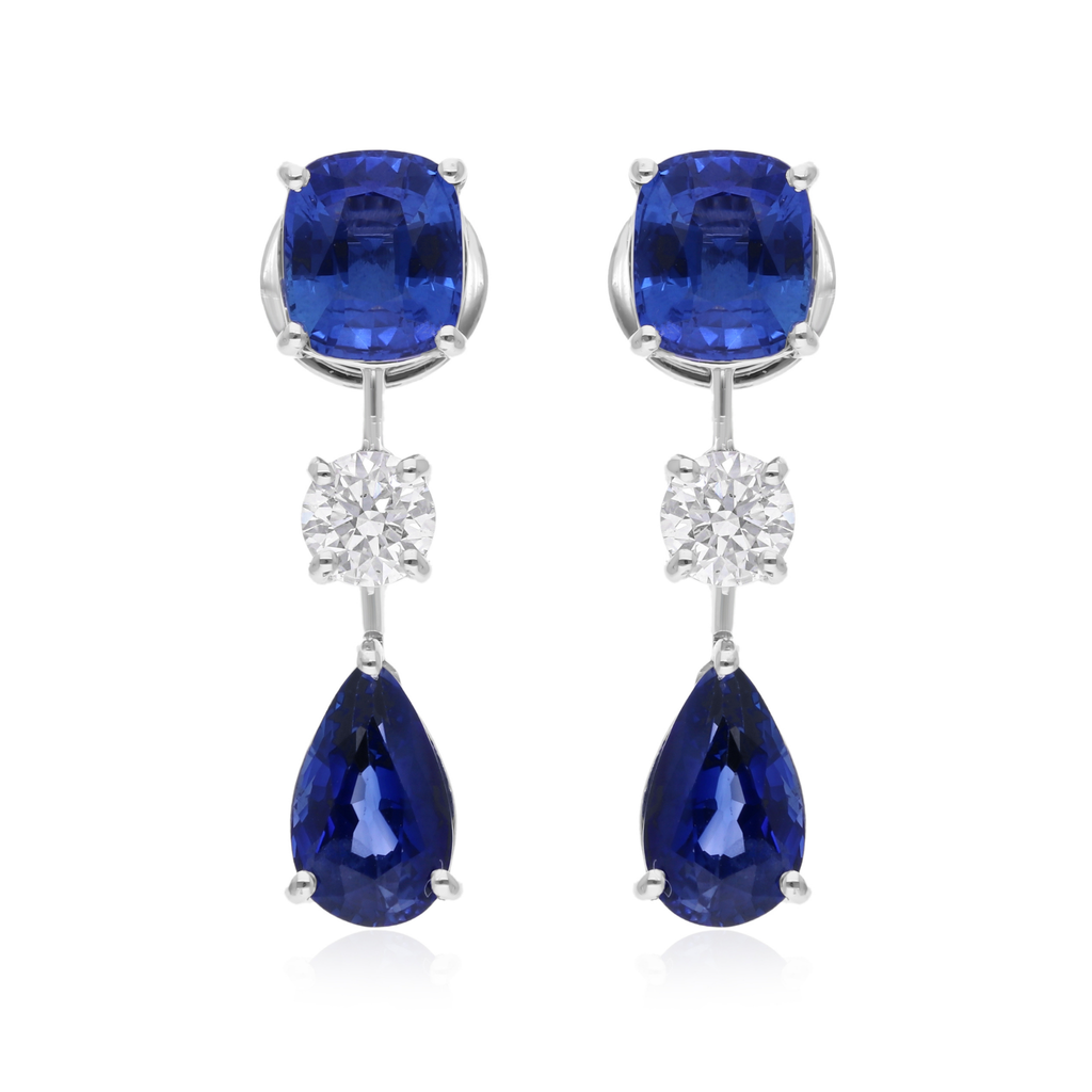6.32 Tcw Blue Sapphire and Round Cut Natural Diamond Dangle Earrings