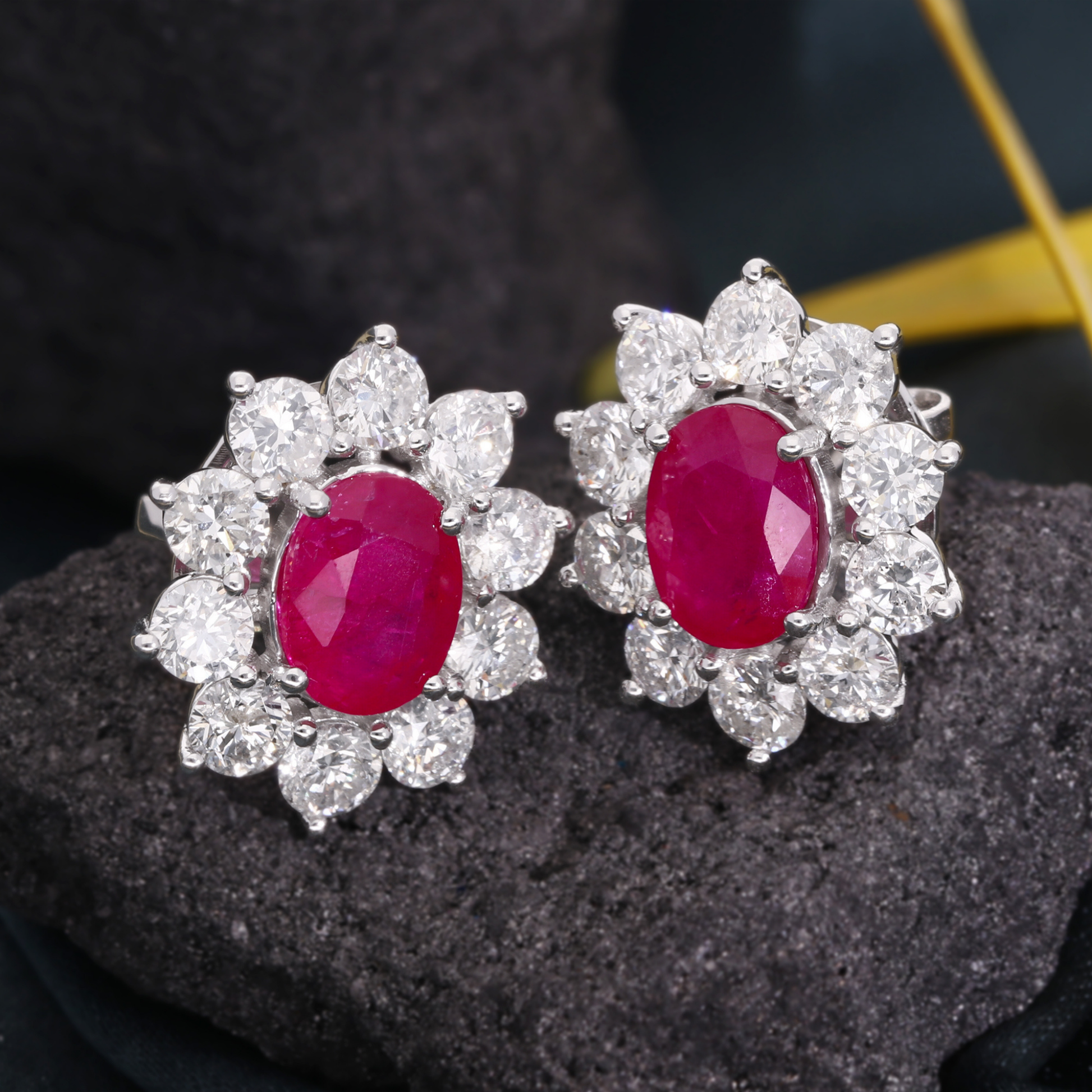 4.52Ct Natural Gold Oval Cut Ruby Gemstone Halo Diamond Stud Earrings