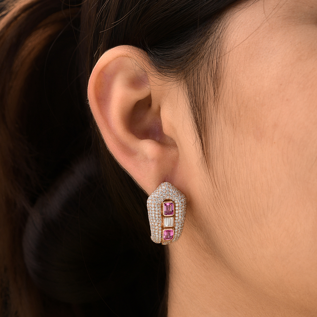 Fine Gold 6.41 Tcw Pink Sapphire & Pave Diamond Hoop Earrings