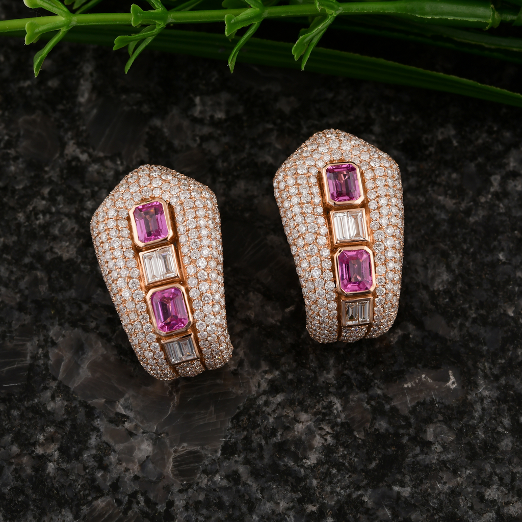 Fine Gold 6.41 Tcw Pink Sapphire & Pave Diamond Hoop Earrings