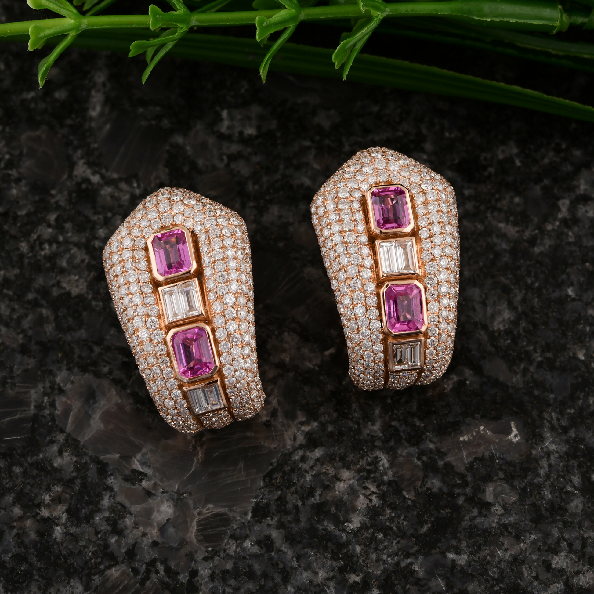 Fine Gold 6.41 Tcw Pink Sapphire & Pave Diamond Hoop Earrings