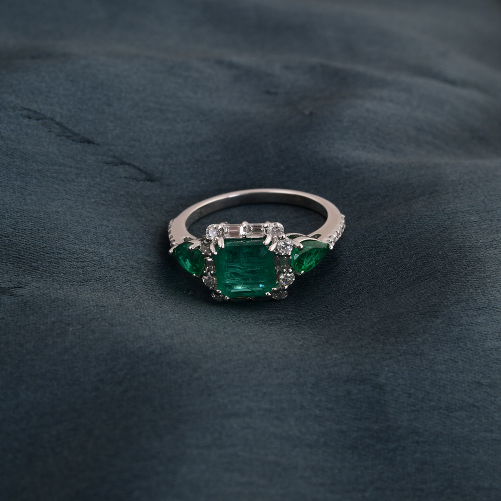 Real Zambian Emerald Engagement Halo Ring with Diamond Accents