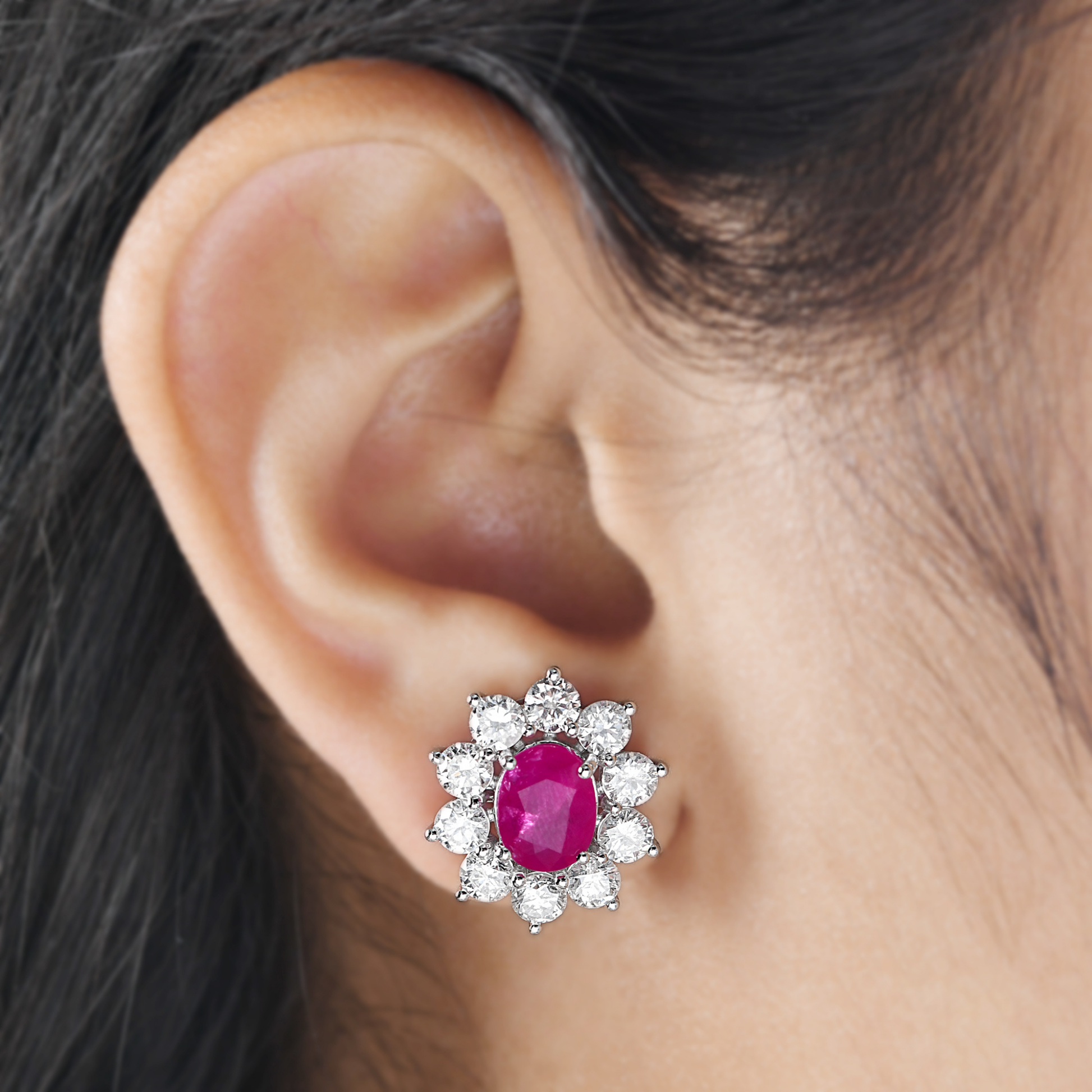 4.52Ct Natural Gold Oval Cut Ruby Gemstone Halo Diamond Stud Earrings