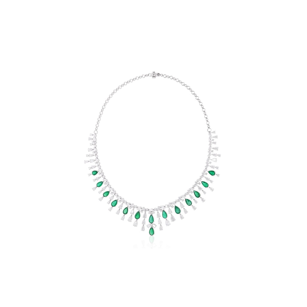 Zambian Emerald Pear Drop Gold Diamond Bridal Statement Necklace 30.00 Tcw