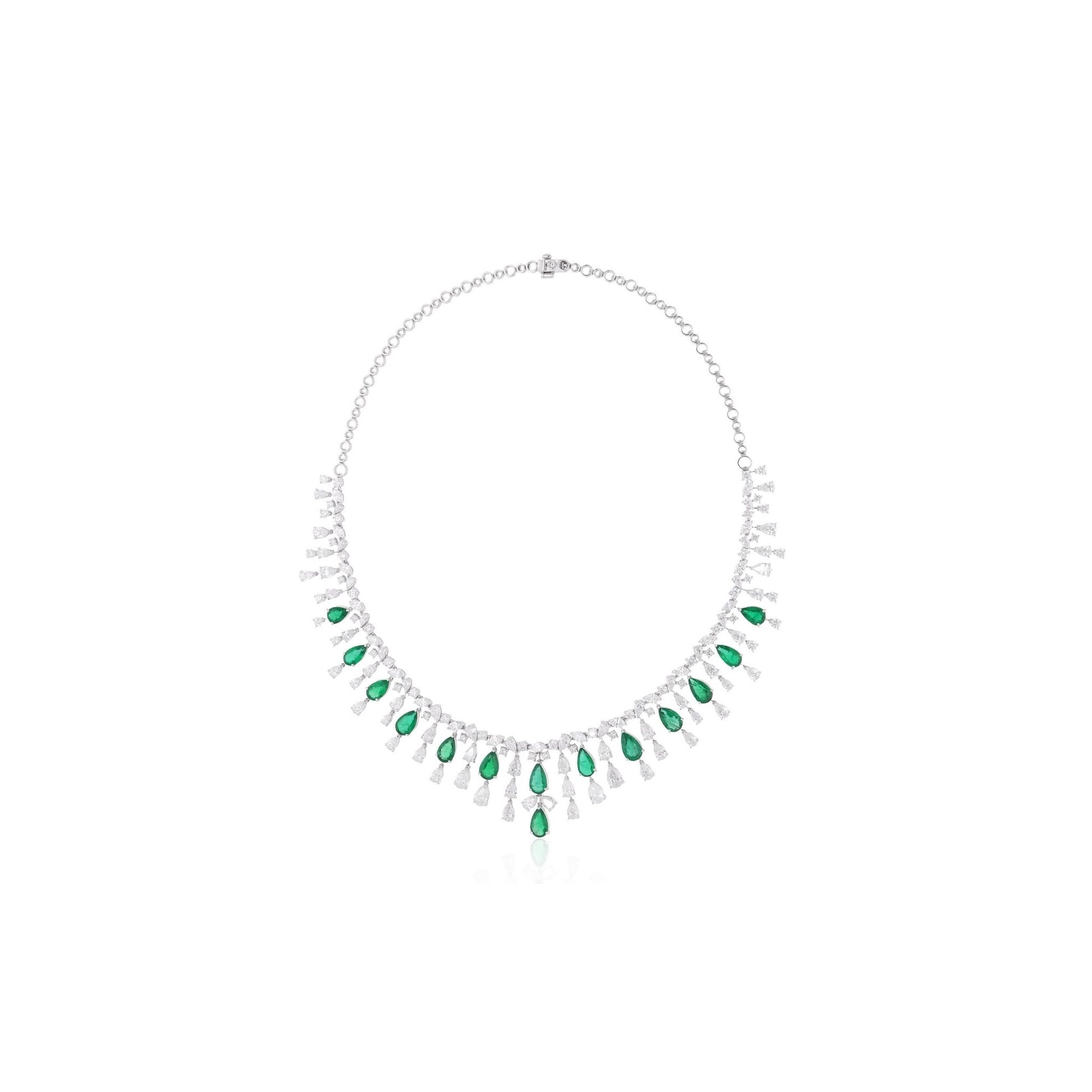 Zambian Emerald Pear Drop Gold Diamond Bridal Statement Necklace 30.00 Tcw