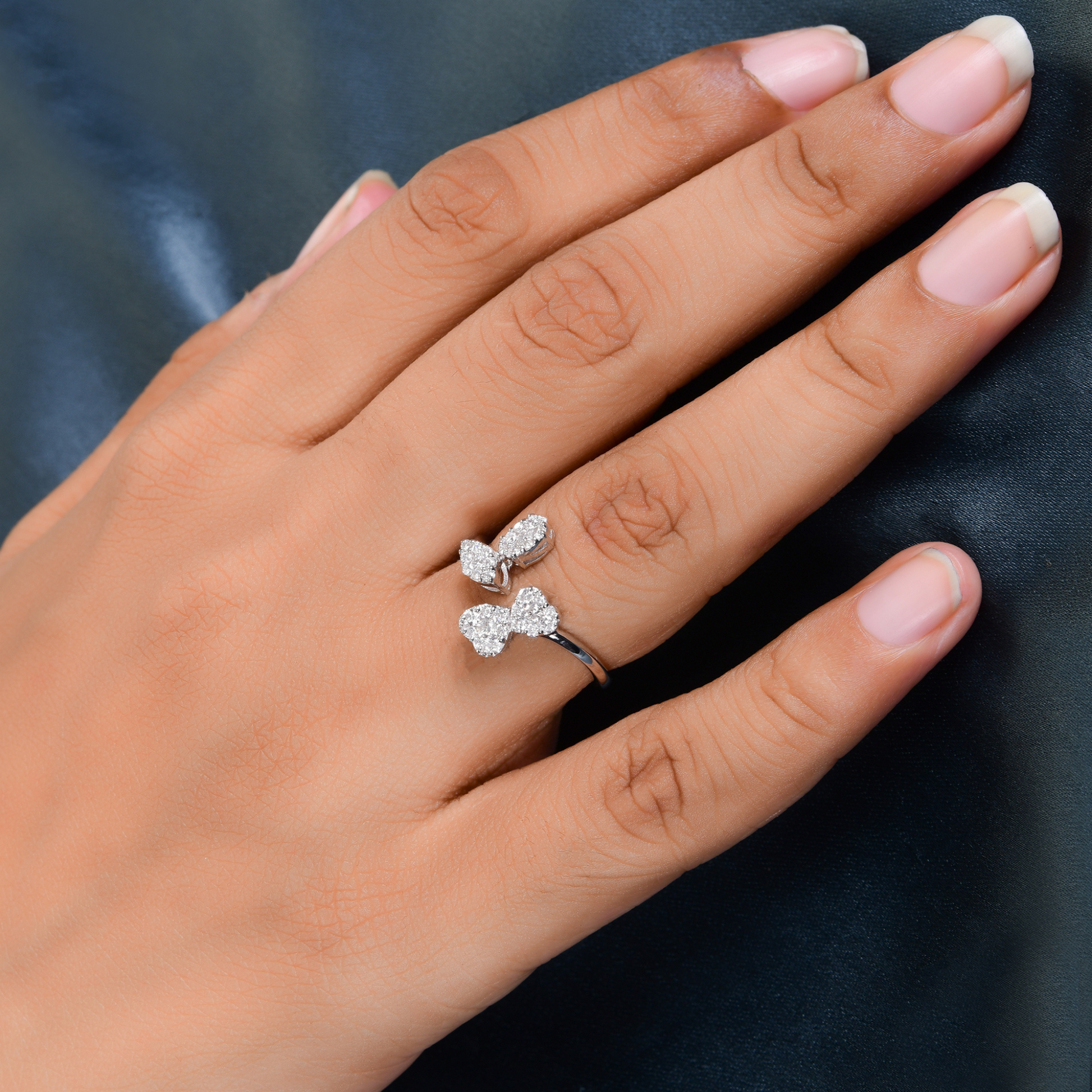 Natural Pave Diamond SI Clarity HI Color Heart Shaped Gold Cuff Ring